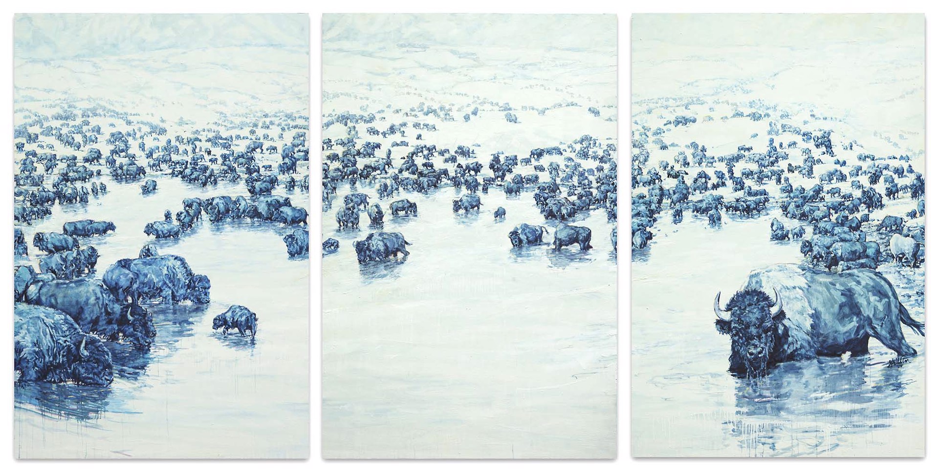 Tryptic Bison Landscape In Oil On Linen, A Contemporary Fine Art Painting And Modern Wildlife Art Piece Available At Gallery Wild