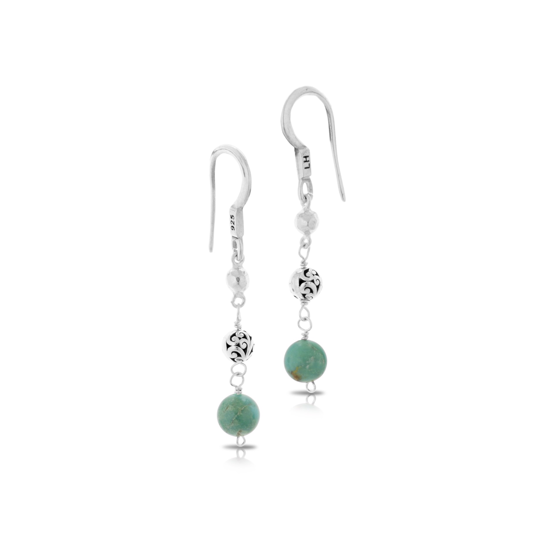 9698 Blue Turquoise and Scroll Beads Linear Drop Earrings by Lois Hill