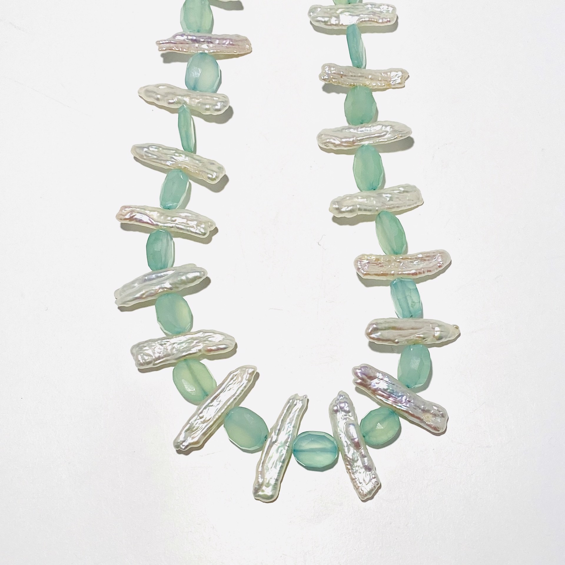 White Biwa Pearl Faceted Oval Seafoam Chalcedony Collar Necklace by Nance Trueworthy