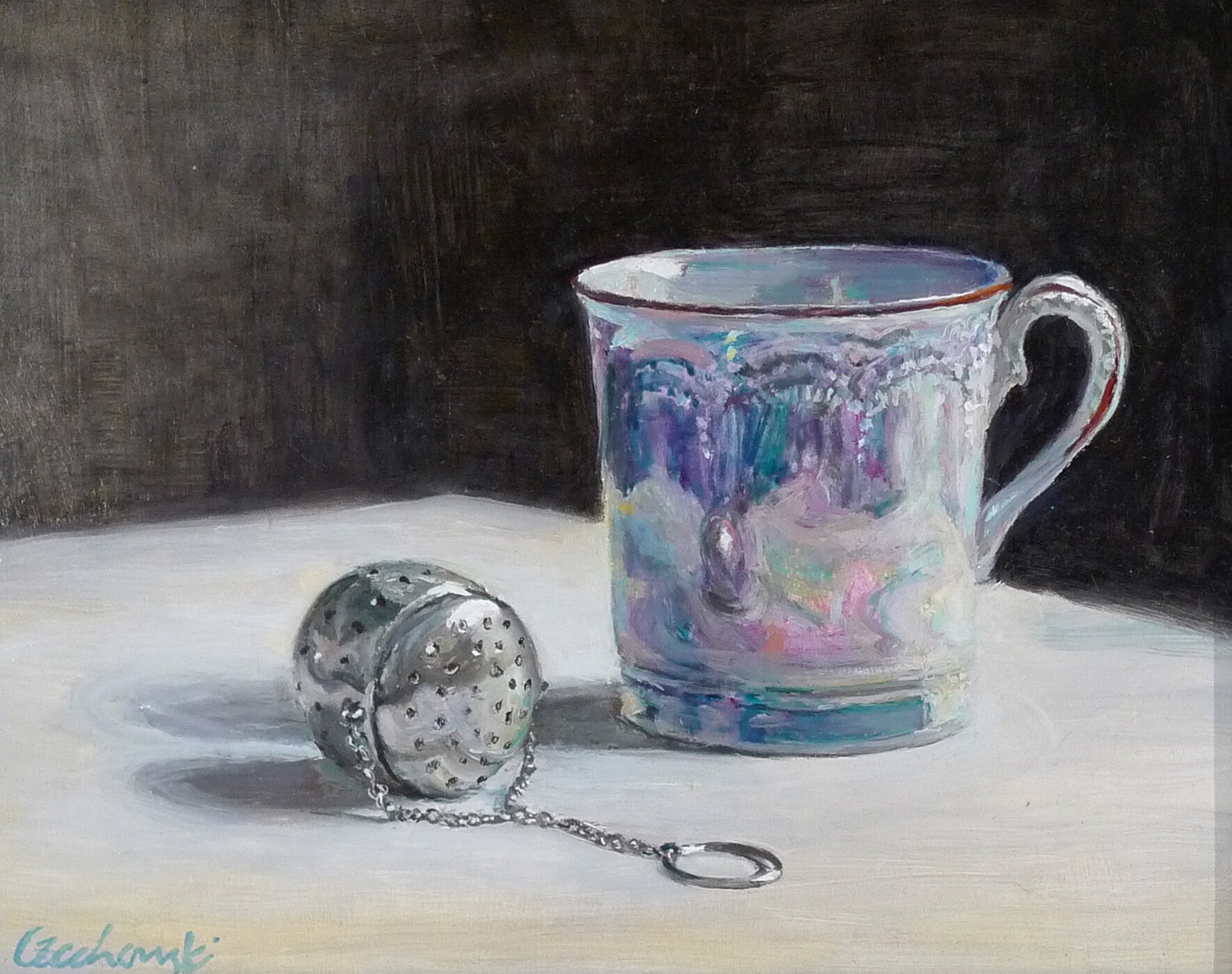 Silver Tea Ball with Lusterware Cup by Alicia Czechowski