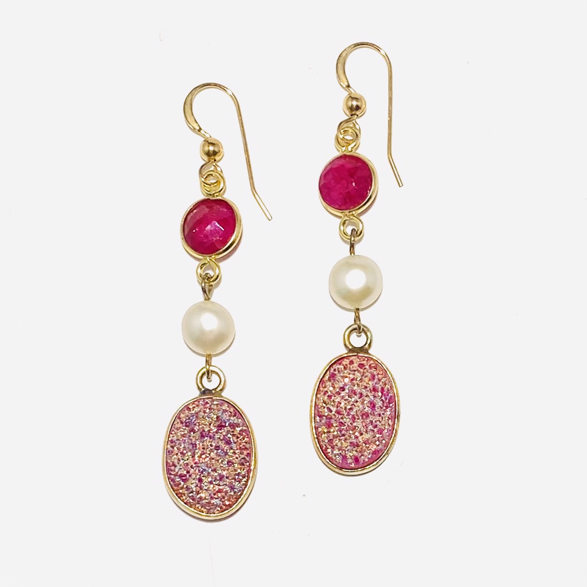 Pink Druzy, Pearl, Dyed Ruby GF Earrings LR23-09 by Legare Riano