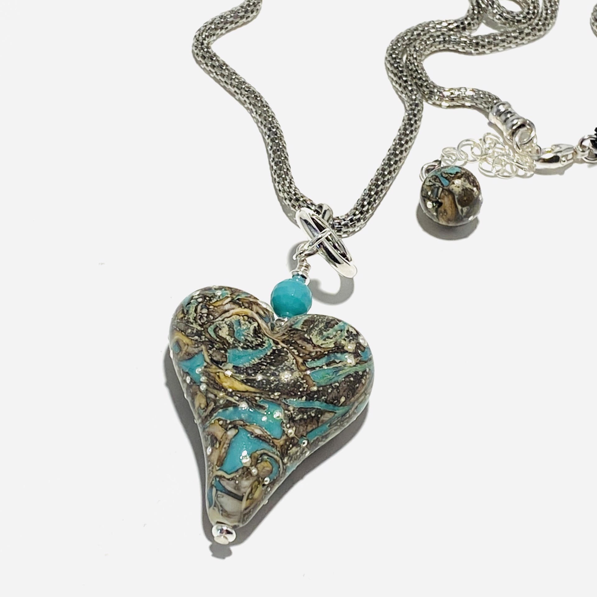 Silver Leaf Shards Turquoise Heart on Charm Bail Silver Mesh Chain Necklace LS23-2A by Linda Sacra