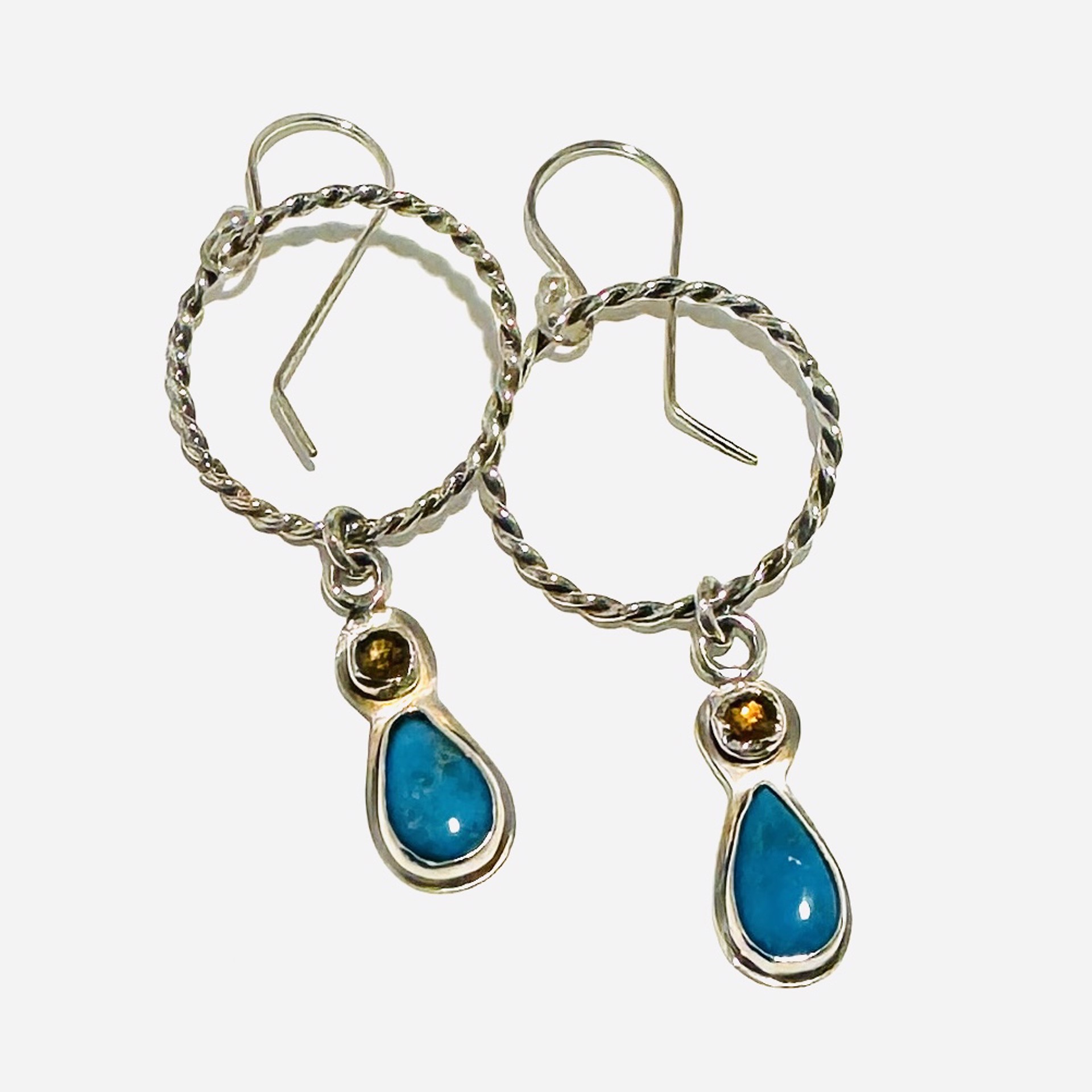 Kingman Turquoise and Honey Quartz Dangle on Sterling Hoop Earrings AB23-86 by Anne Bivens