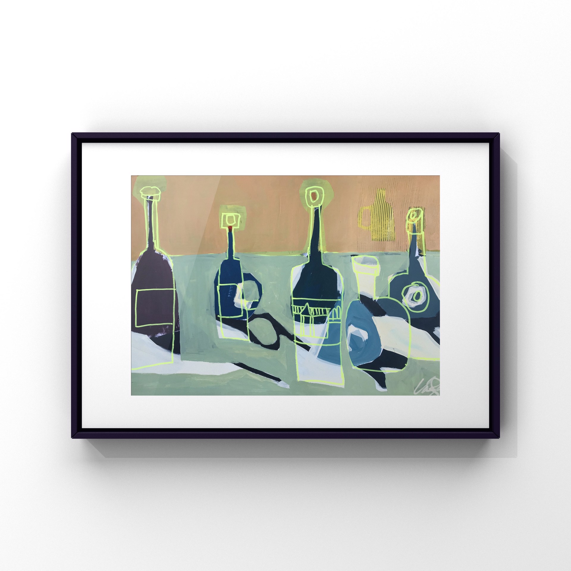 Five Blue Bottles on Green Table by Rachael Van Dyke