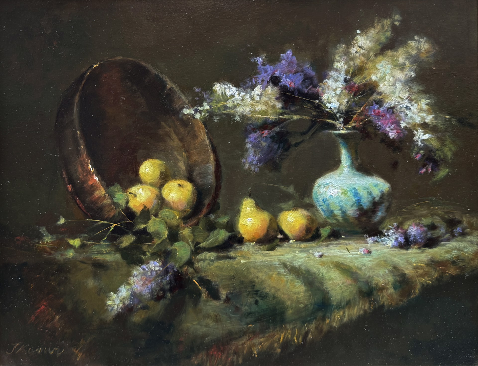Lilacs with Pears with Turquoise Vase by Jacqueline Kamin