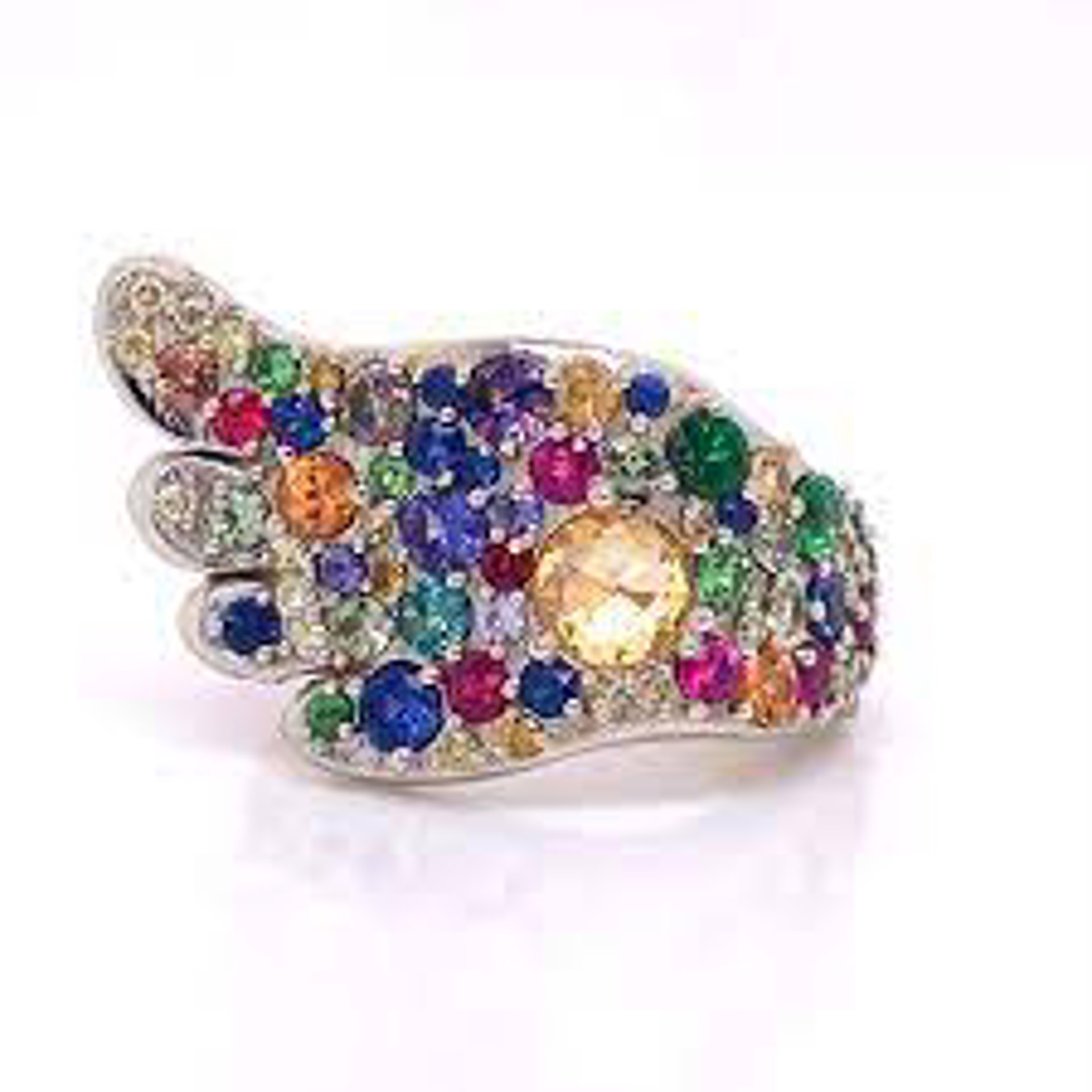 Rainbow Wing Ring- 18k white and rose gold with diamonds, sapphires, rubies and garnets by Llyn Strong