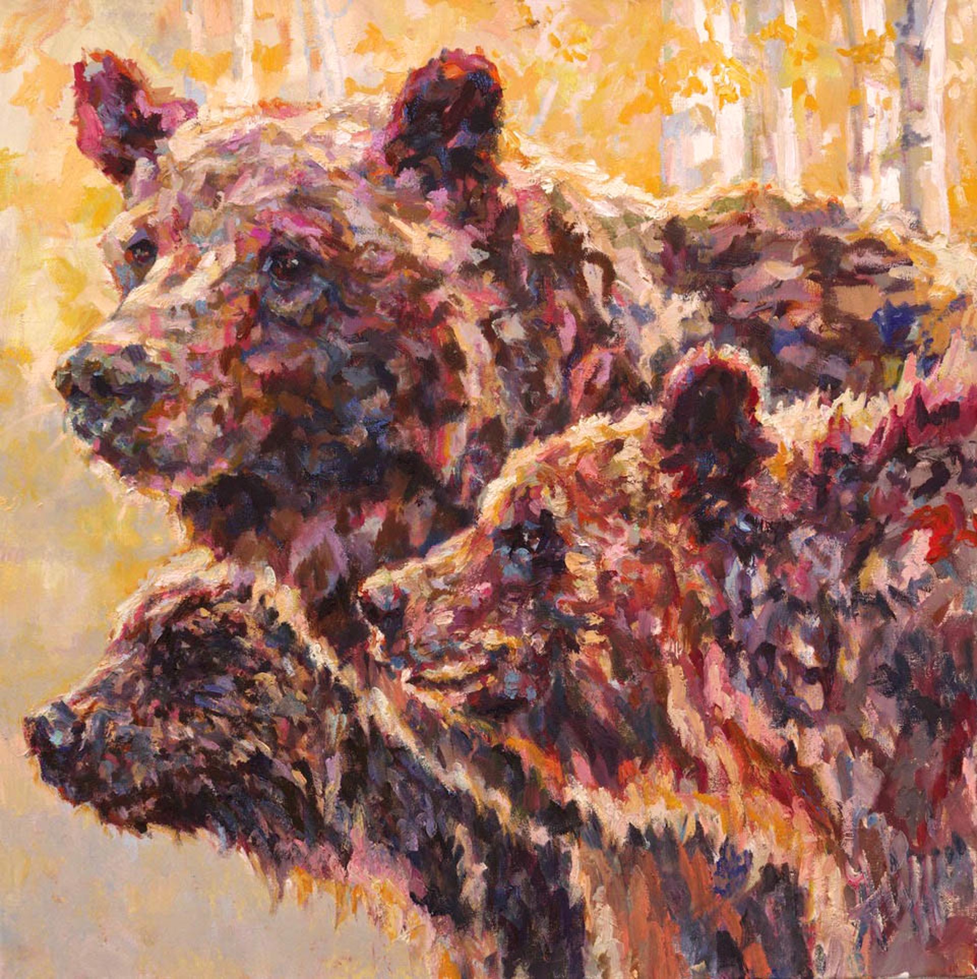 Original Oil Painting Featuring Grizzly Bear And Two Cubs With Impressionist Brushstroke And Orange Background