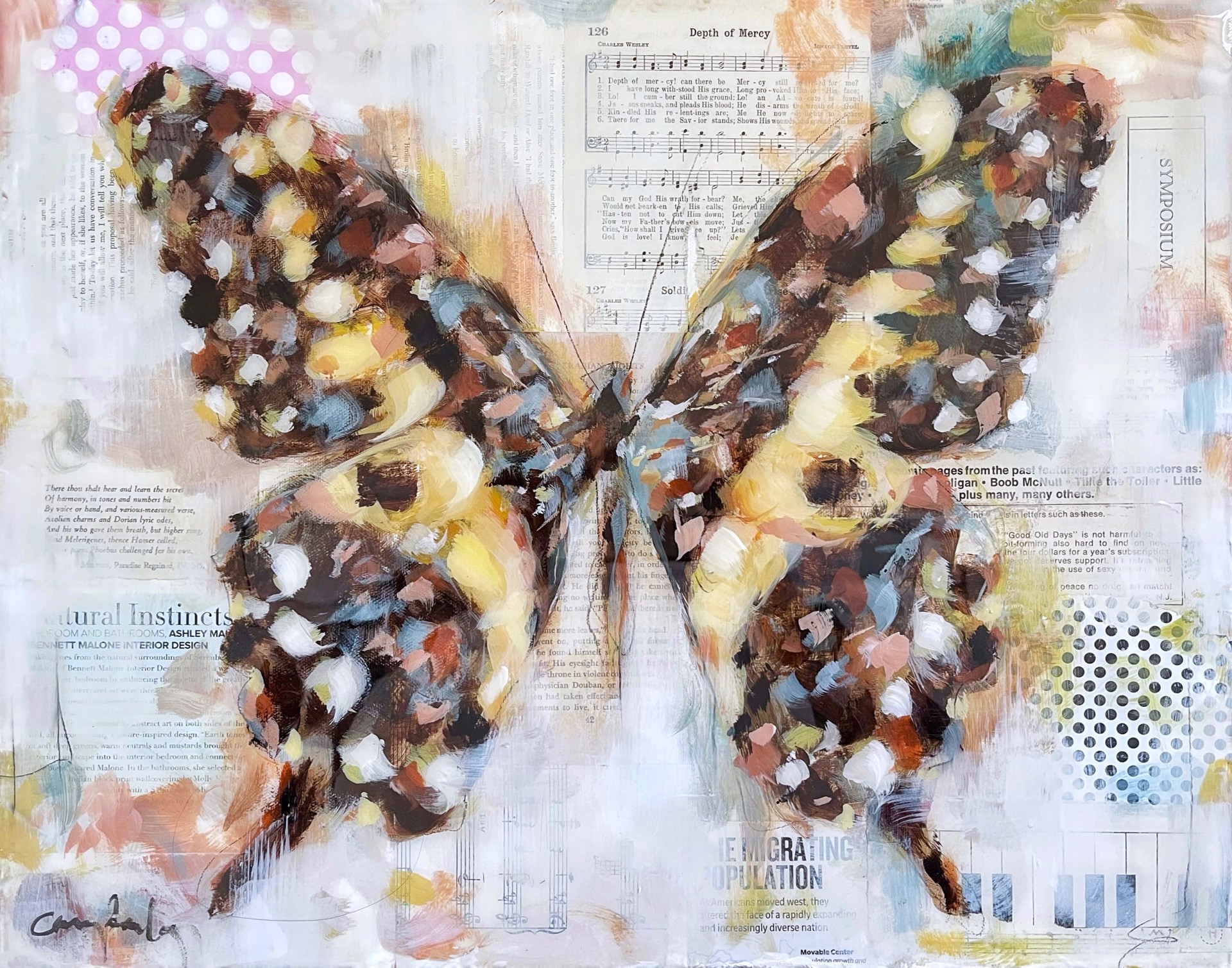 Acrylic Collage Painting Of A Brown And Yellow Butterfly By Carrie Penley