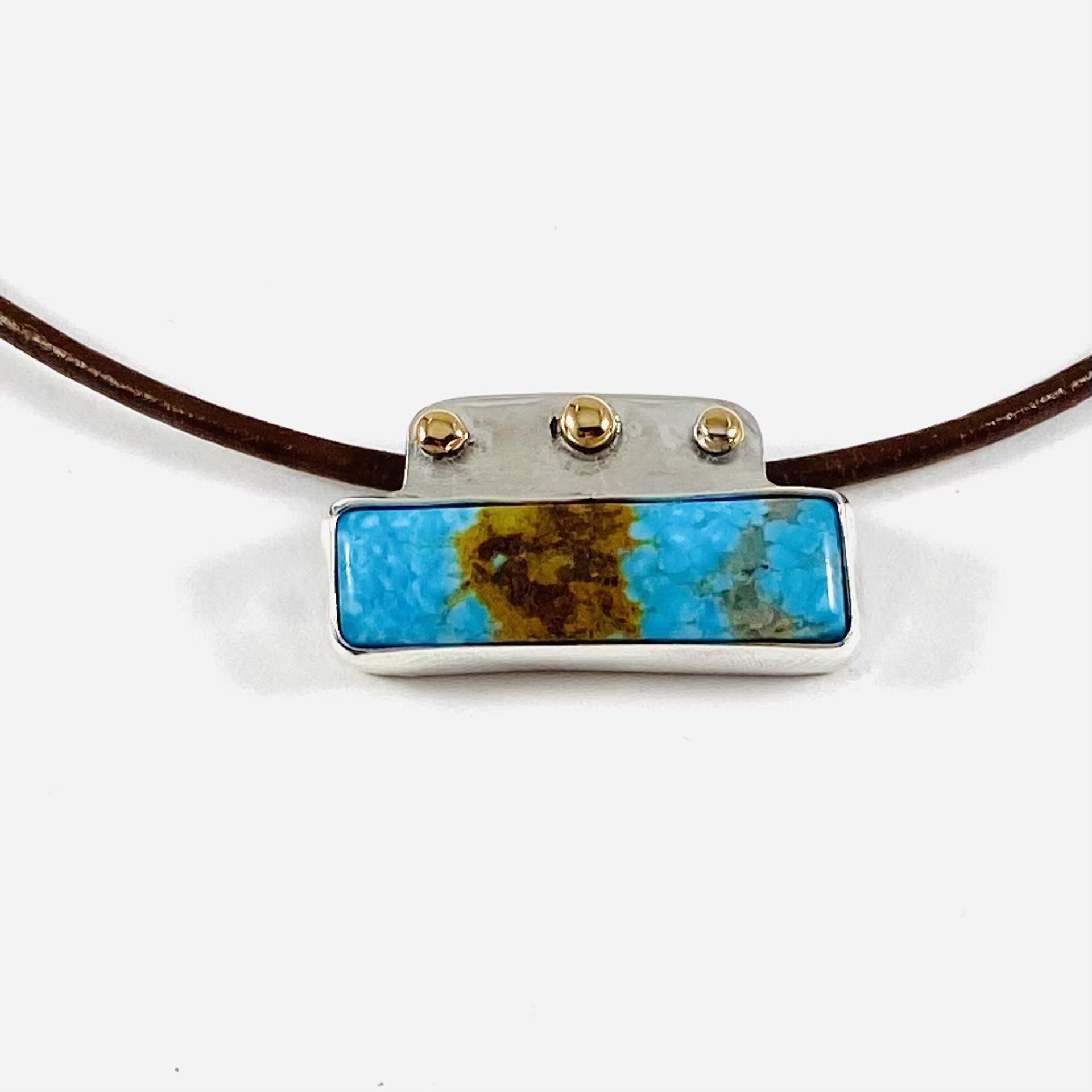 AB21-3 Kingsman Turquoise and Bronze, Silver Pendant on Leather Necklace by Anne Bivens