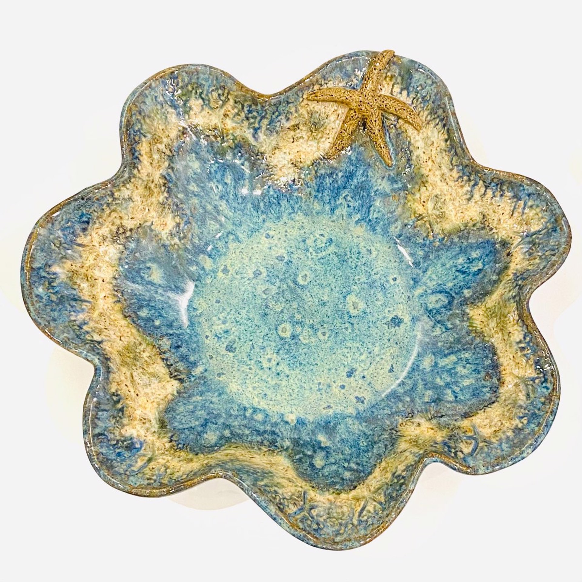 LG22-933 Large Round Scalloped Bowl with Starfish (Blue Glaze) by Jim & Steffi Logan