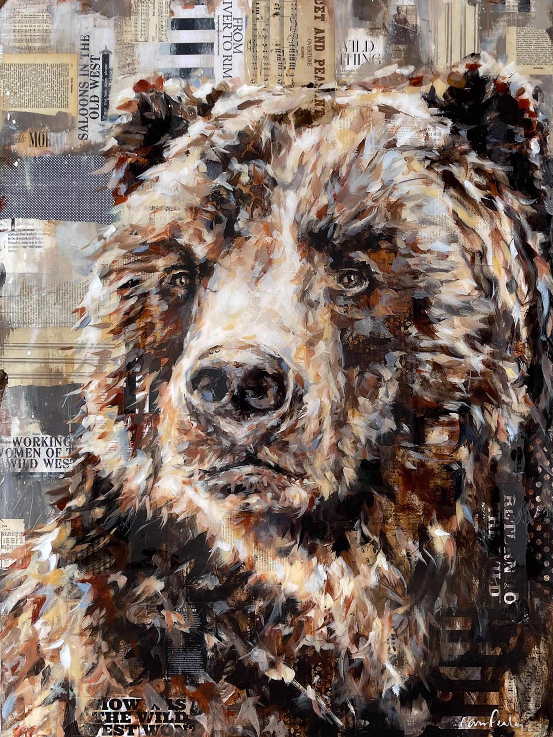 A Contemporary Acrylic And Collage Painting Of A Bear By Carrie Penley At Gallery Wild
