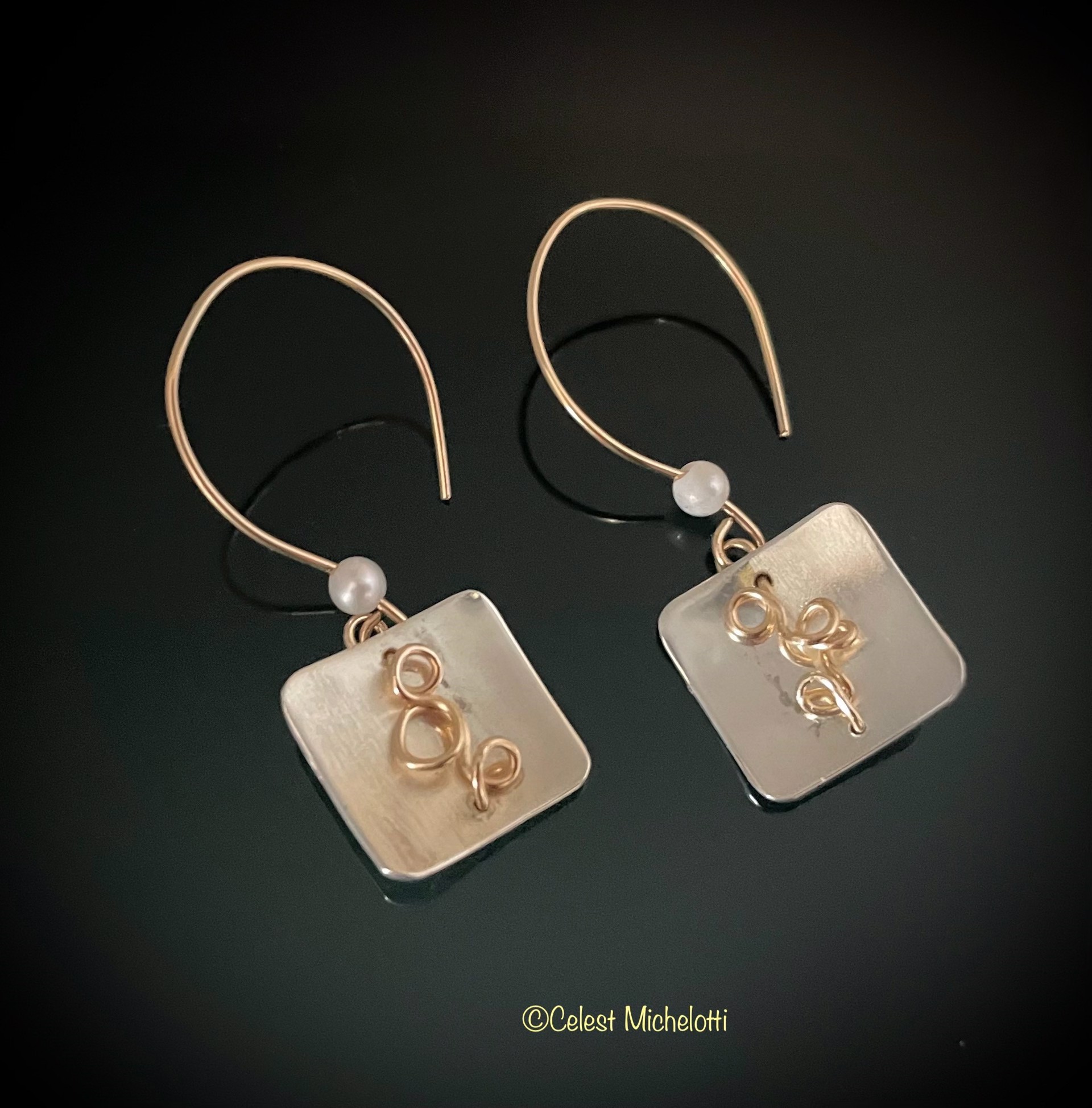 Champagne Earrings, Square .625 in., 14K Gold Filled "Bubbles” with Pearls on Earwires by Celest Michelotti
