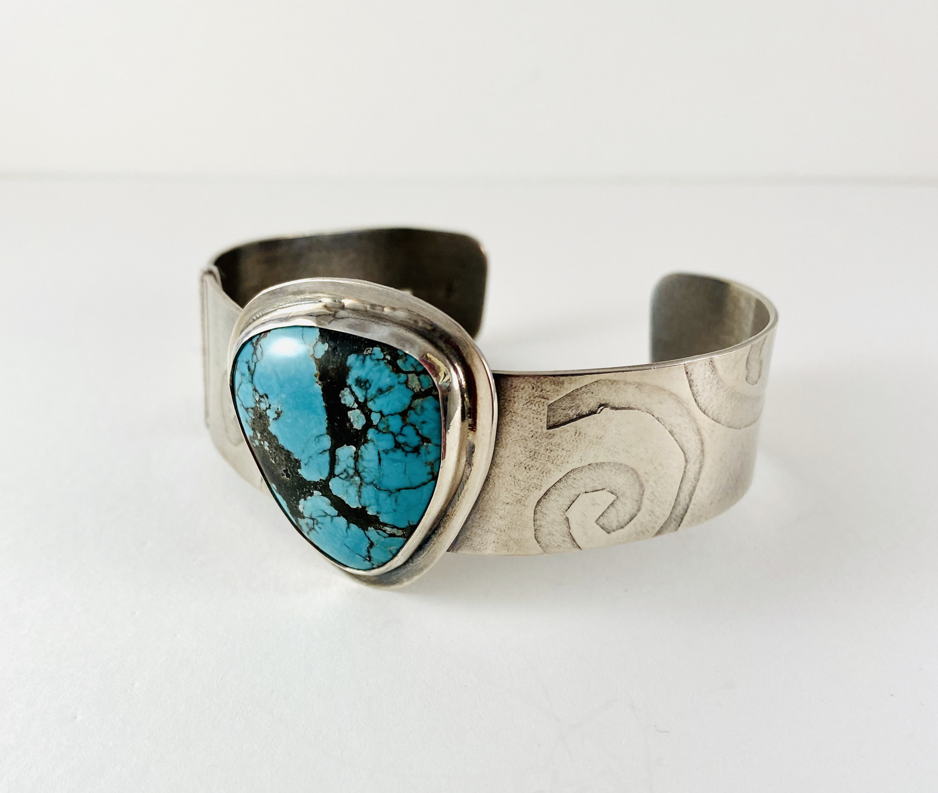 Spiderweb Turquoise Hand Textured Sterling Cuff Bracelet AB19-6 by Anne Bivens