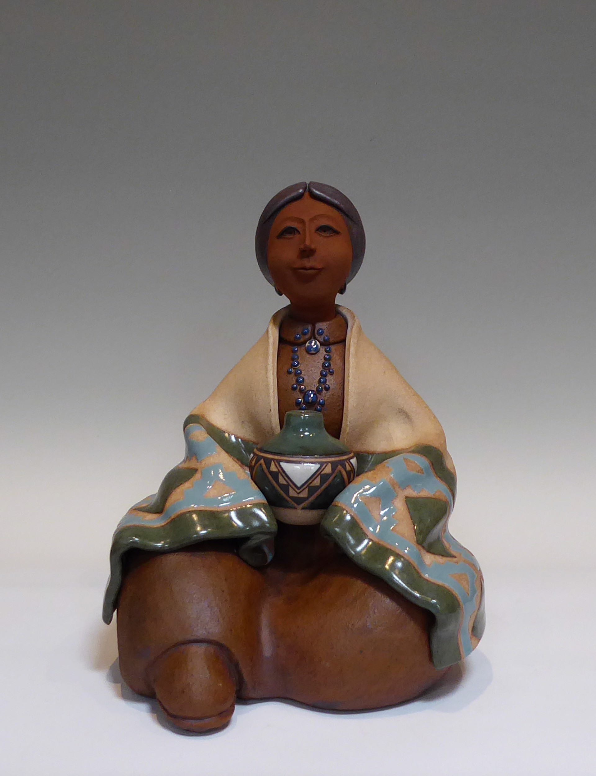 Acoma Maiden ~ Seated w/ Green Blanket & Pottery by Terry Slonaker