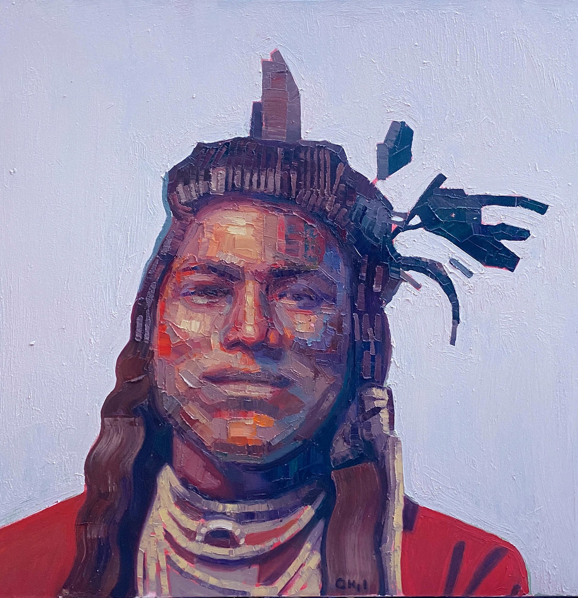 Original Oil Painting By Aaron Hazel Featuring A Native Portrait Over Lavender Background