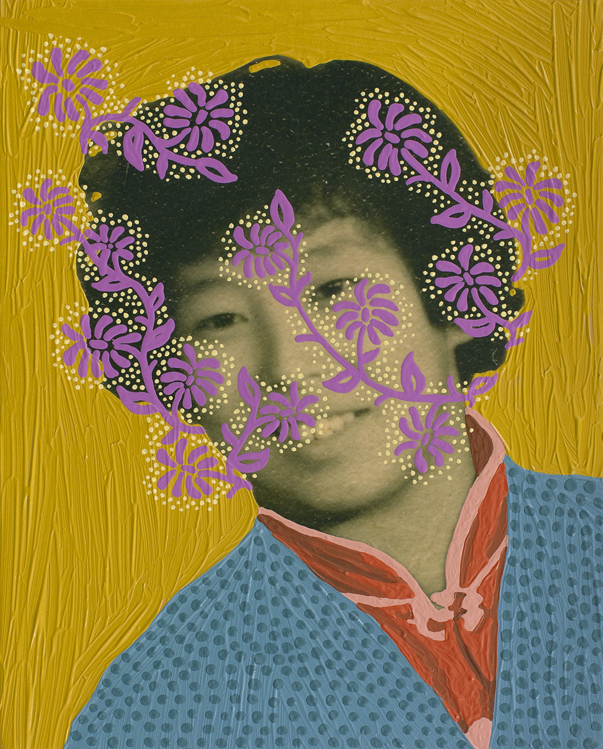 Untitled (Woman with Mustard Background and Dotted Purple Flowers) by Daisy Patton