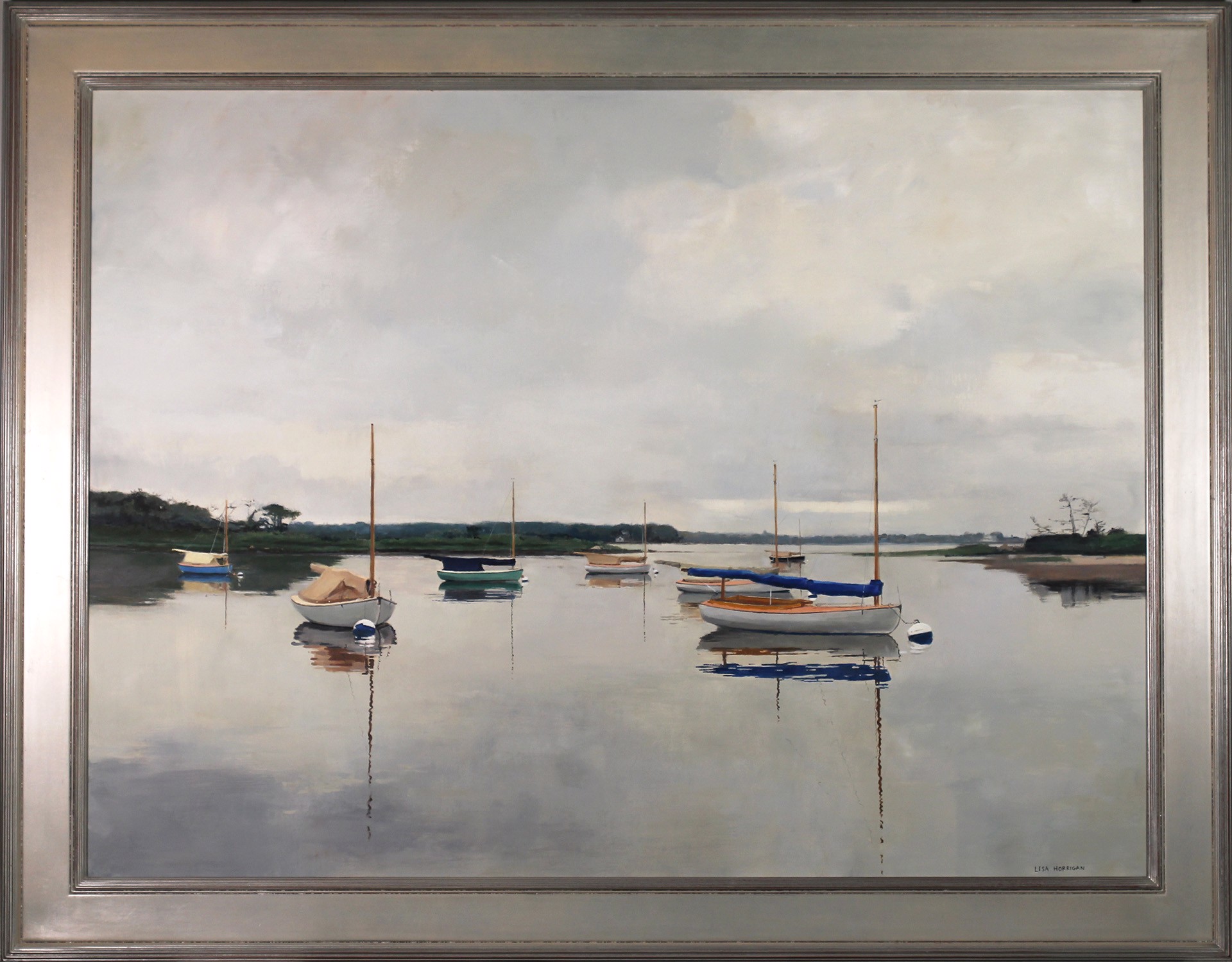 Seascape oil painting of Beetle Cat sailboats on the mooring with reflections