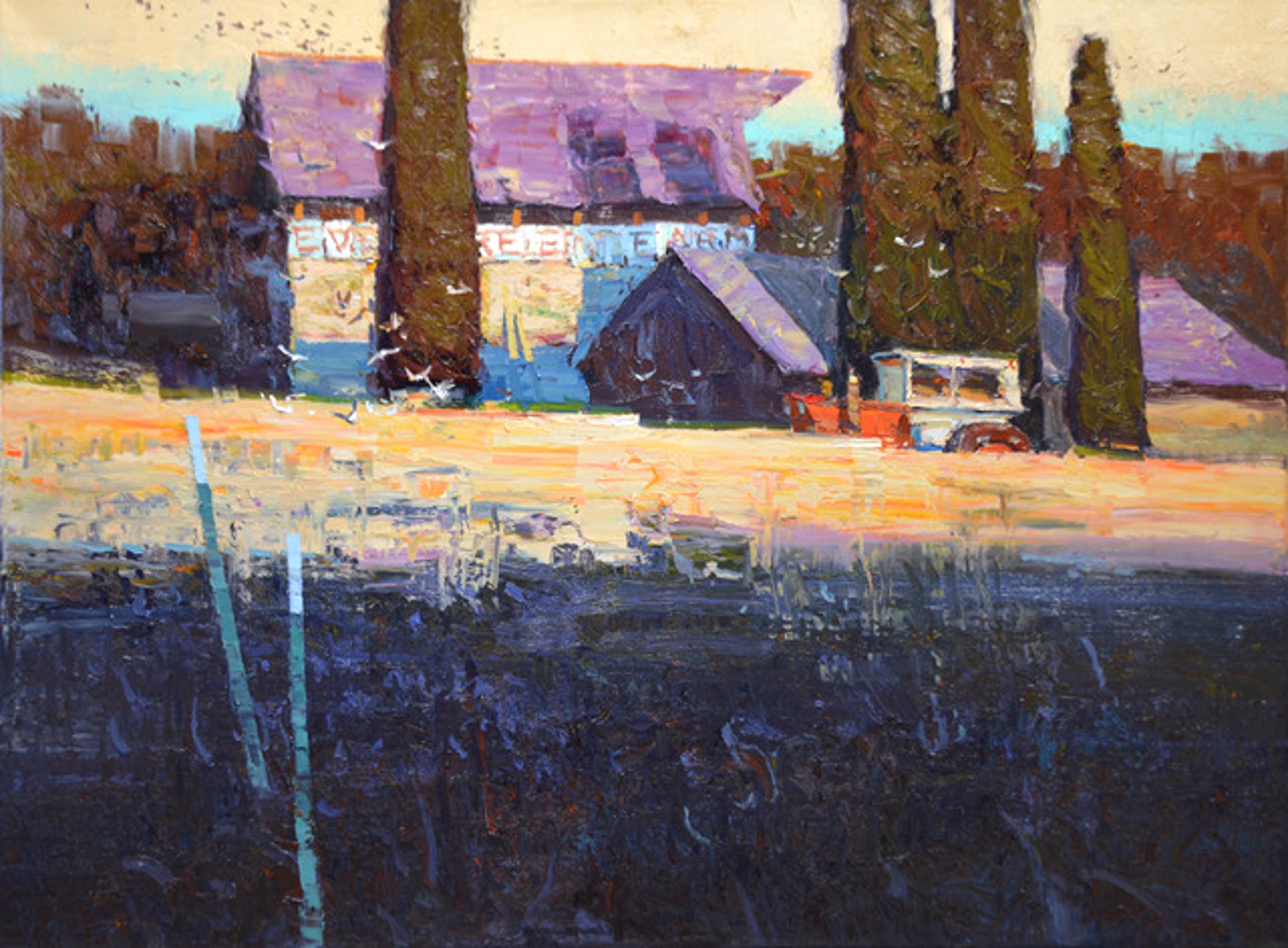 A Palette Knife Oil Painting Of A Barn With A Tractor In Front And A flock Of Birds By Silas Thompson At Gallery Wild