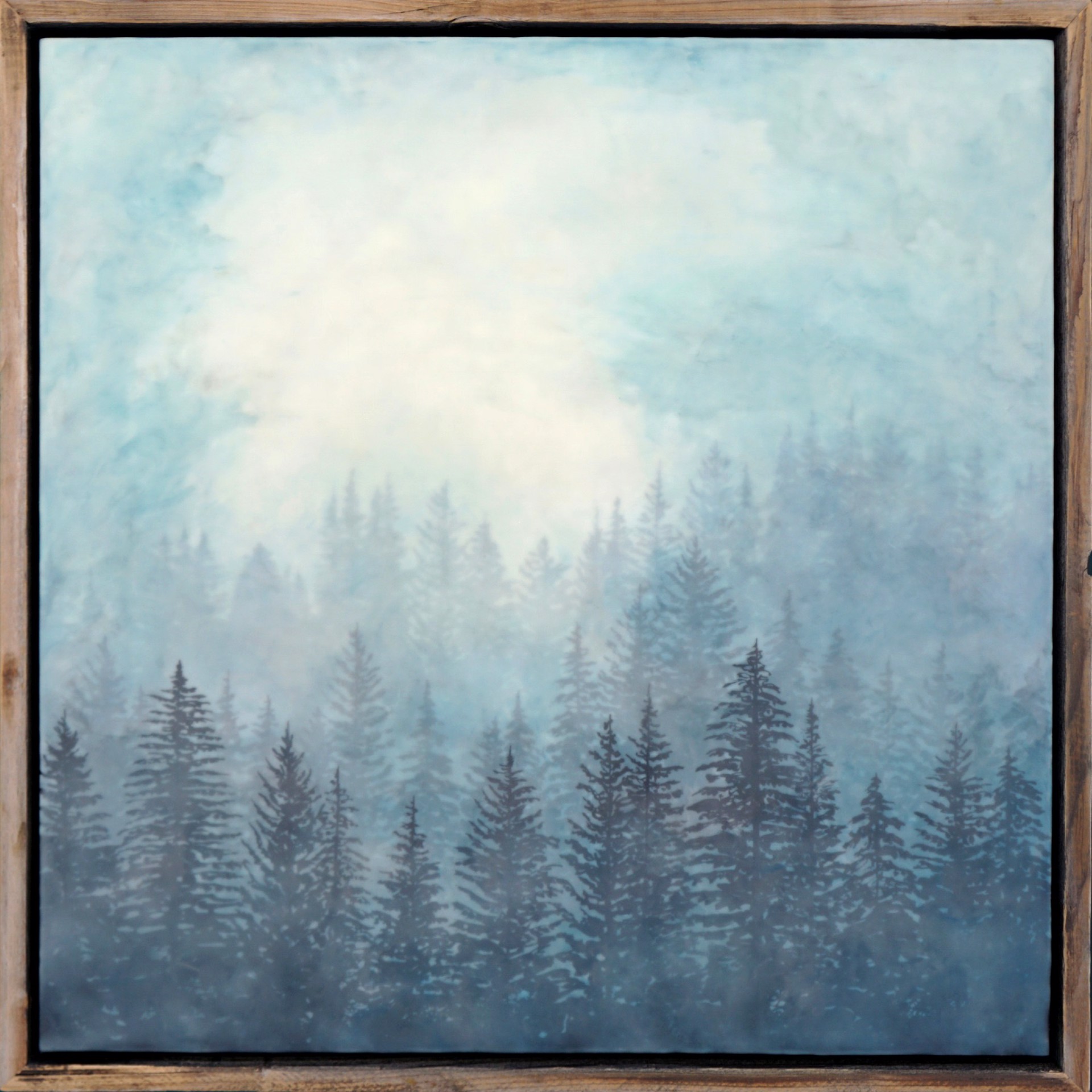 A Landscape Painting Made With Encaustic And Milk Paint Of Pine Trees And A Hazy Sky By Bridgette Meinhold