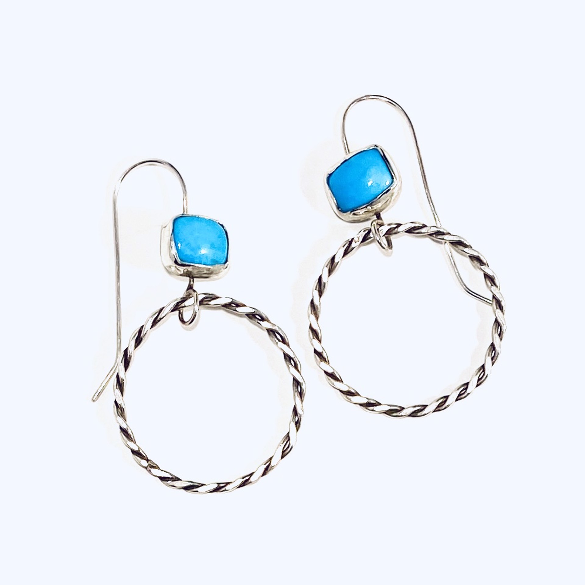 AB23-19 Small Square Kingman Turquoise SS Rope Circle Earrings by Anne Bivens