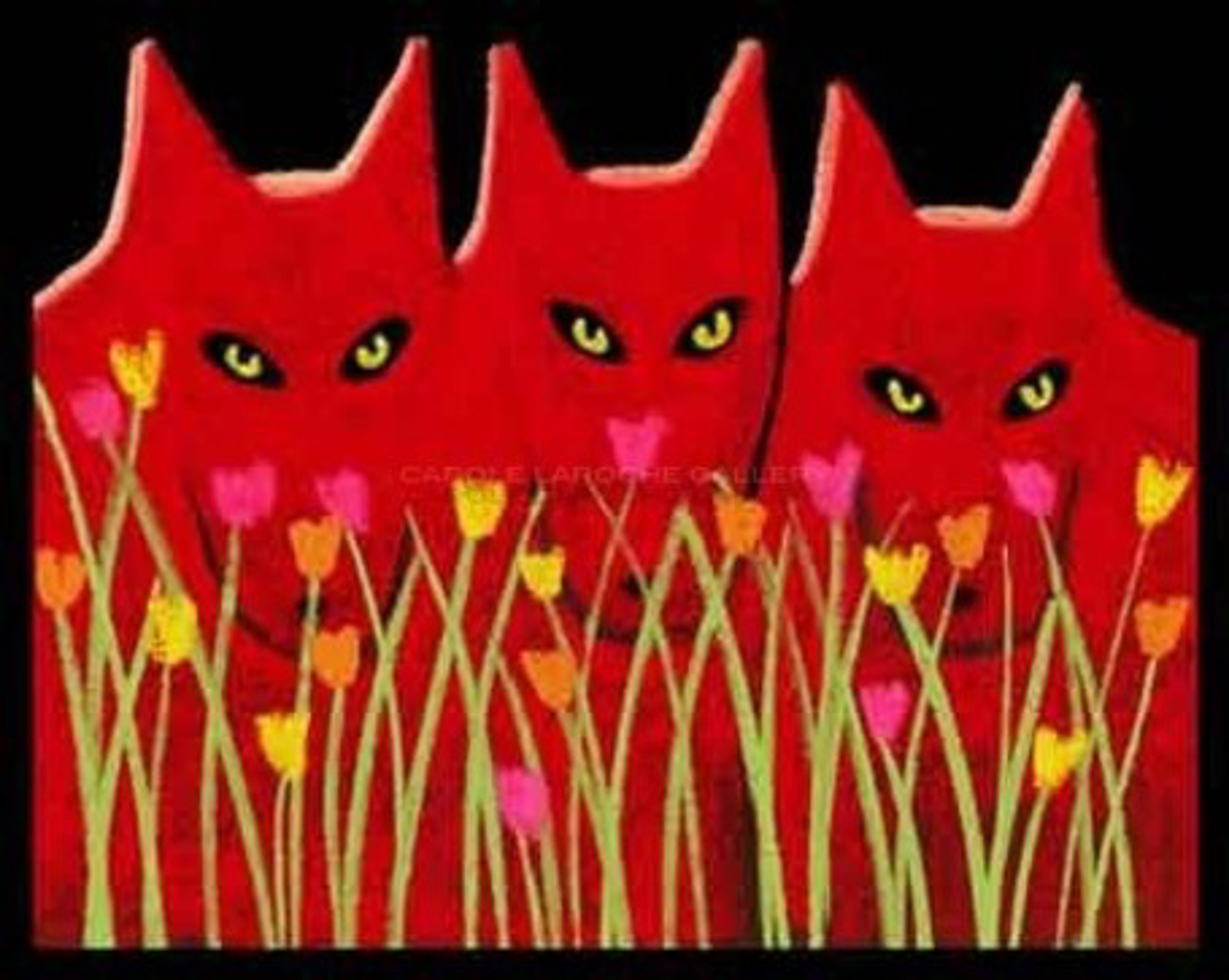 THREE RED WOLVES AND WILDFLOWERS - limited edition giclee on paper w/frame size of 23"x27" by Carole LaRoche