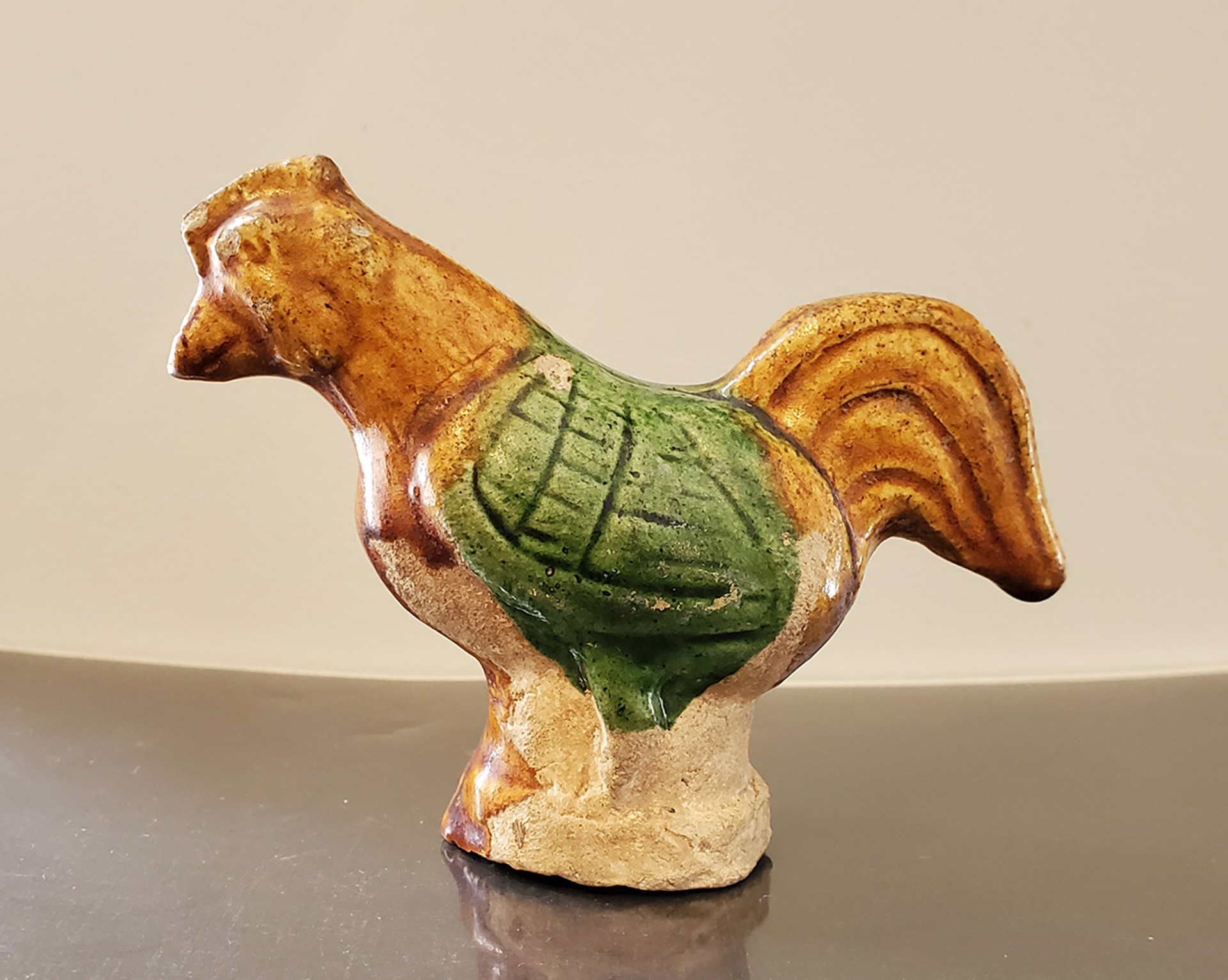 AMBER AND GREEN GLAZED POTTERY ROOSTER