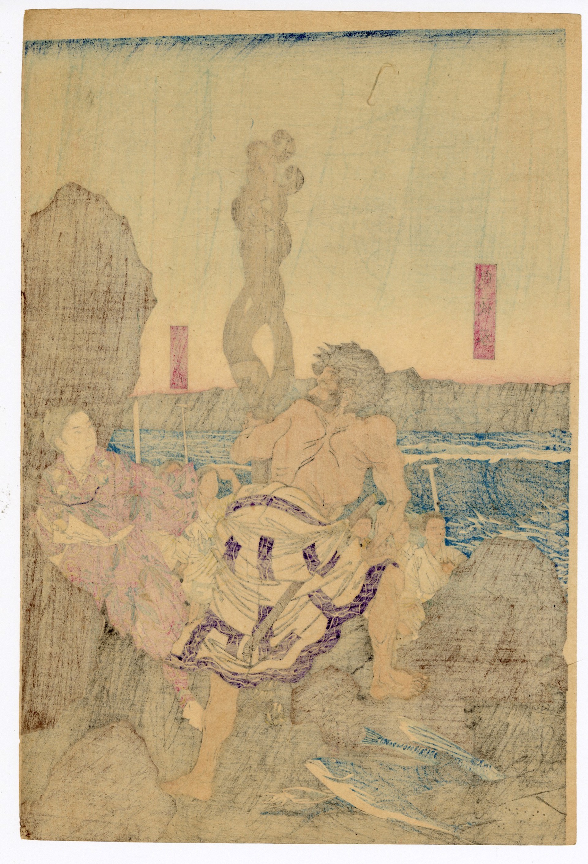 Minamoto Tameyoshi's Son Tametomo (1139-70) Stares at the Ocean with its Incoming Fleet of Ships by Kiyochika