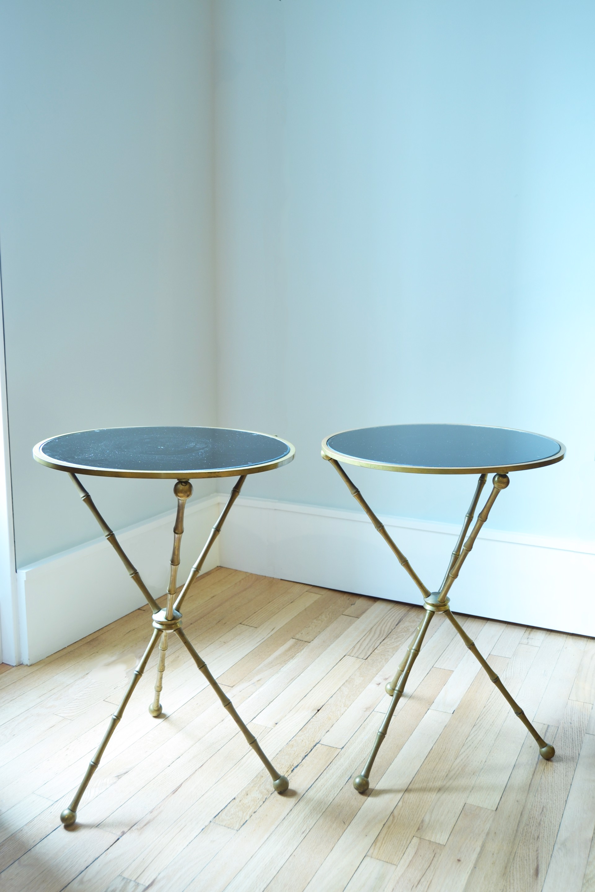 PAIR OF NEOCLASSICAL STYLE METAL FAUX BAMBOO CIRCULAR SIDE TABLES