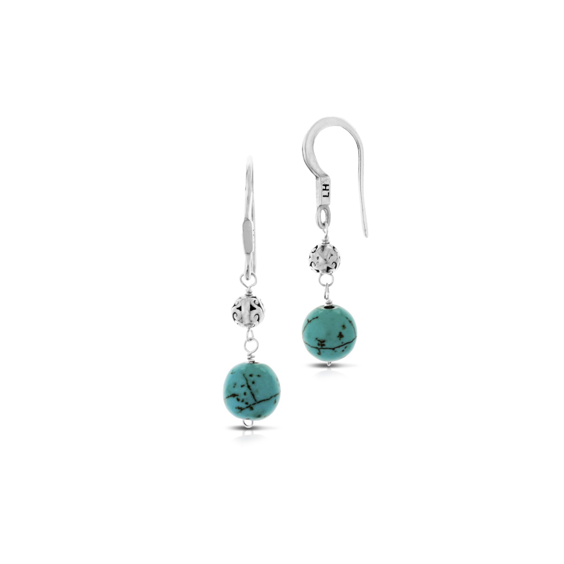 9655 Blue Green Turquoise and 4mm LH Scroll Short Linear Drop Earrings by Lois Hill