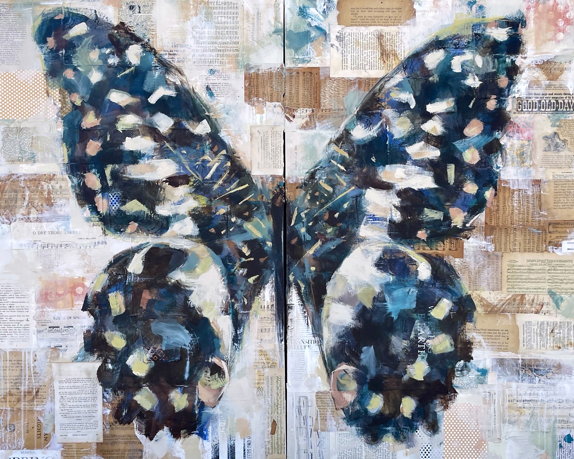 Original Mixed Media Painting Of A Butterfly Split Between Diptych Canvas In Blues With Newspaper Collage