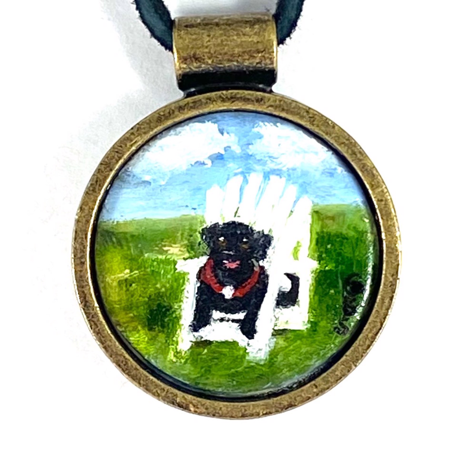 BS22-14 Red Collar~Black Doggie~White Adirondack-pendent on leather by Barbara Sawyer