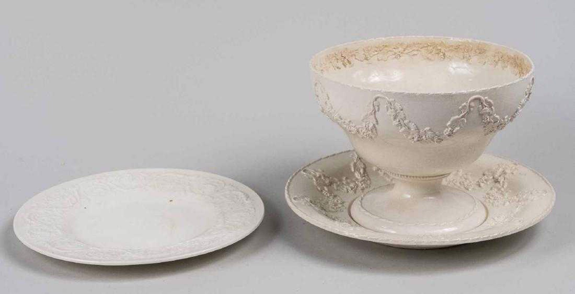 SET OF TWO CREAMWARE DISHES AND A COMPOTE