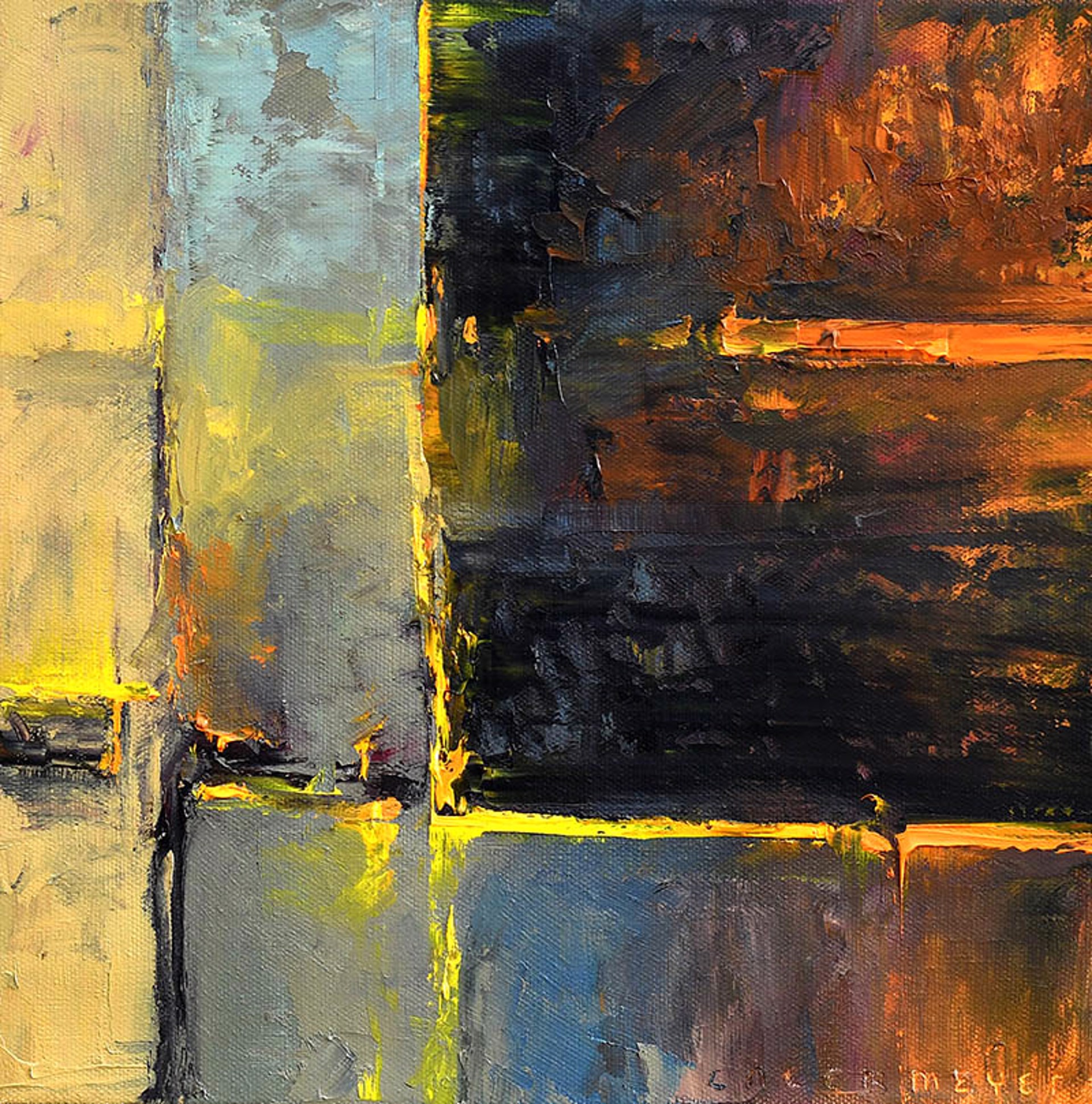 Original Oil Abstract Painting By Caleb Meyer With Angular Lines Of Light And Fields Of Color In 