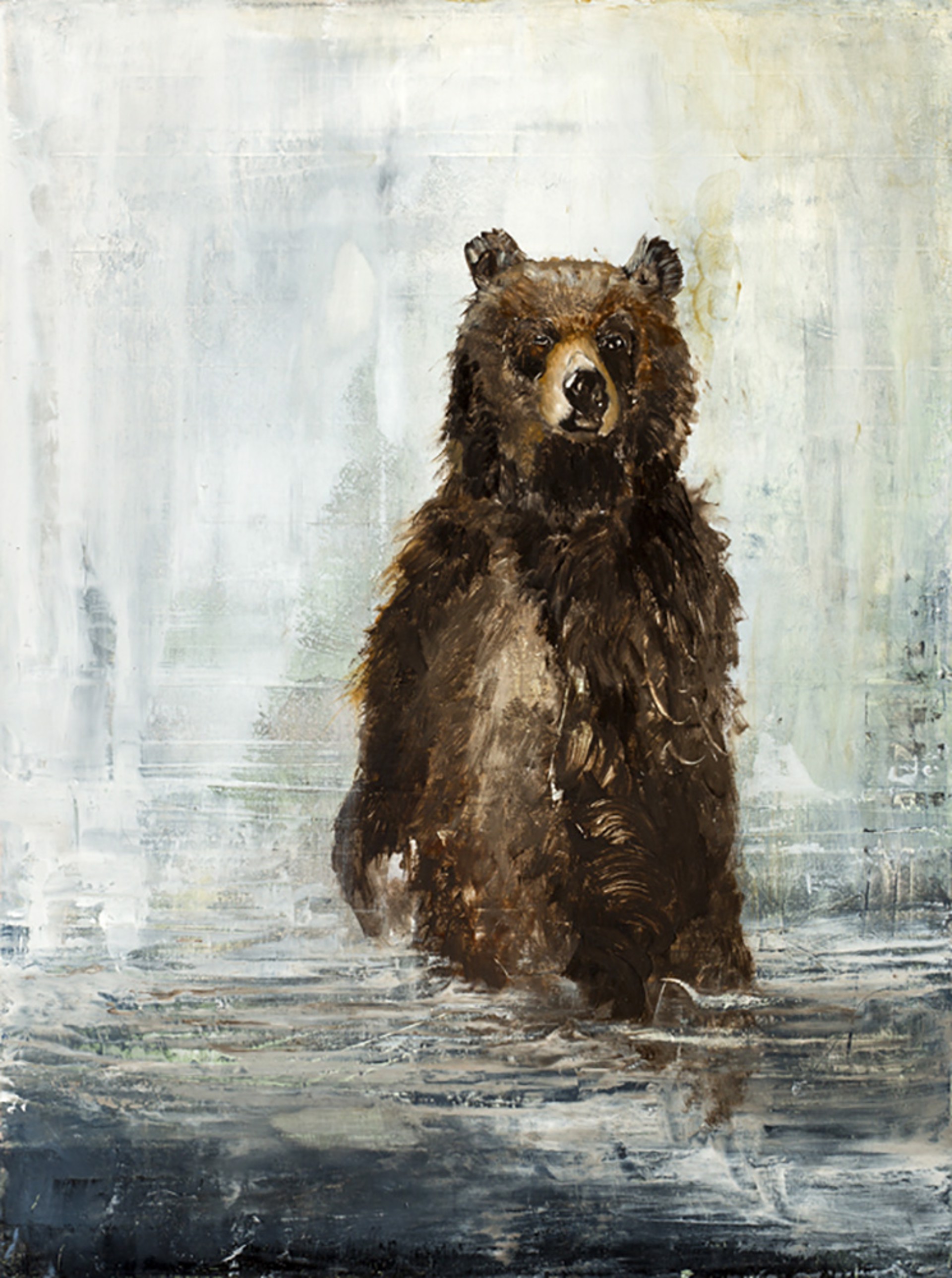 Oil Painting Of A Bear Standing In Water With An Abstract Background By Jenna Von Benedikt