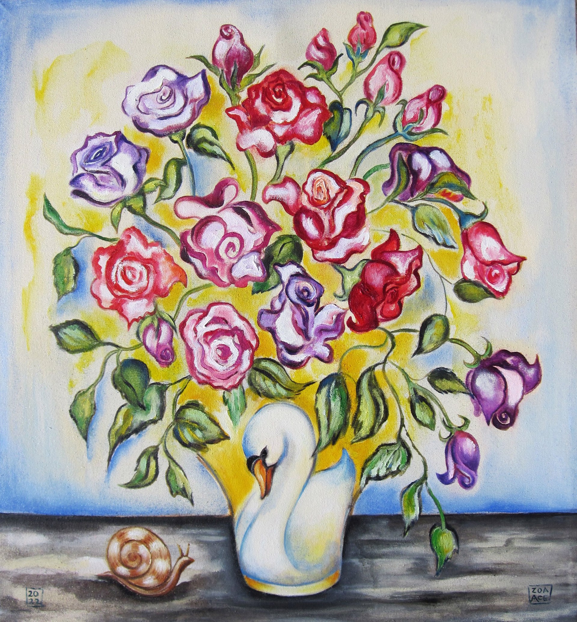 Roses in a Swan Vase by Zoa Ace