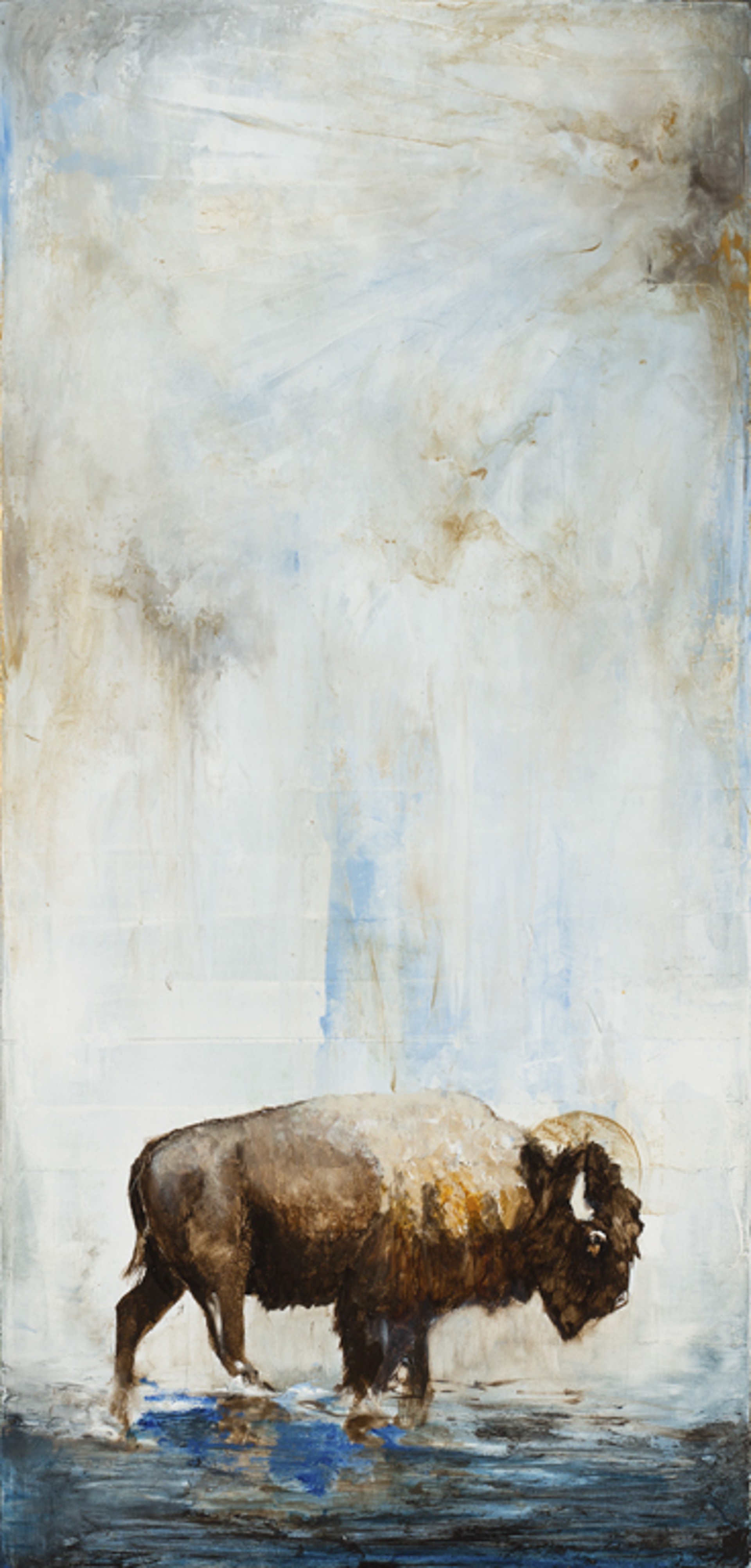 A Original Contemporary Oil Painting Of A Bison With Halo In Water With Abstract Waterfall Background, By Jenna Von Benedikt