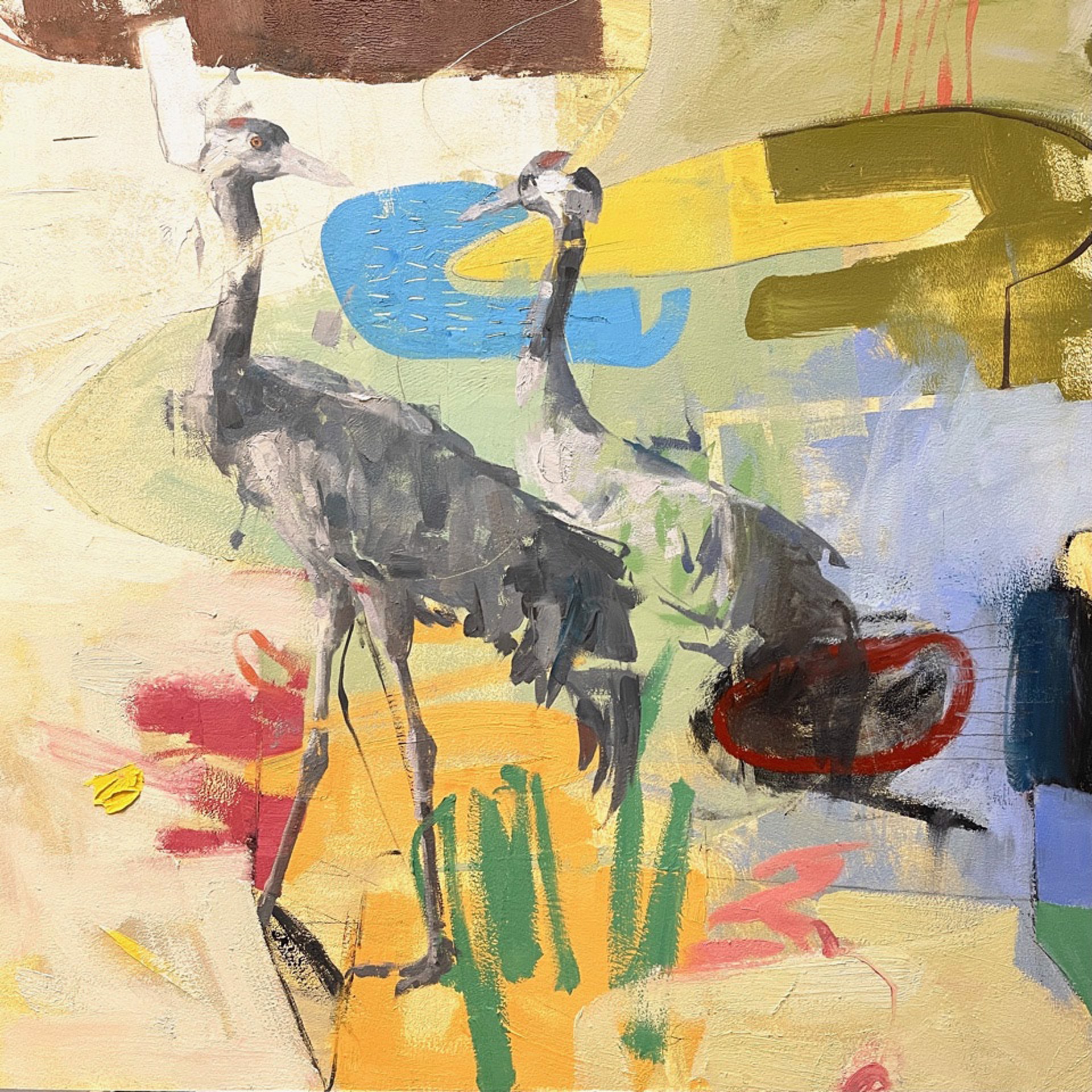 A Contemporary Abstract Painting Of A Pair Of Common Cranes On A Colorful Background By Larry Moore At Gallery Wild