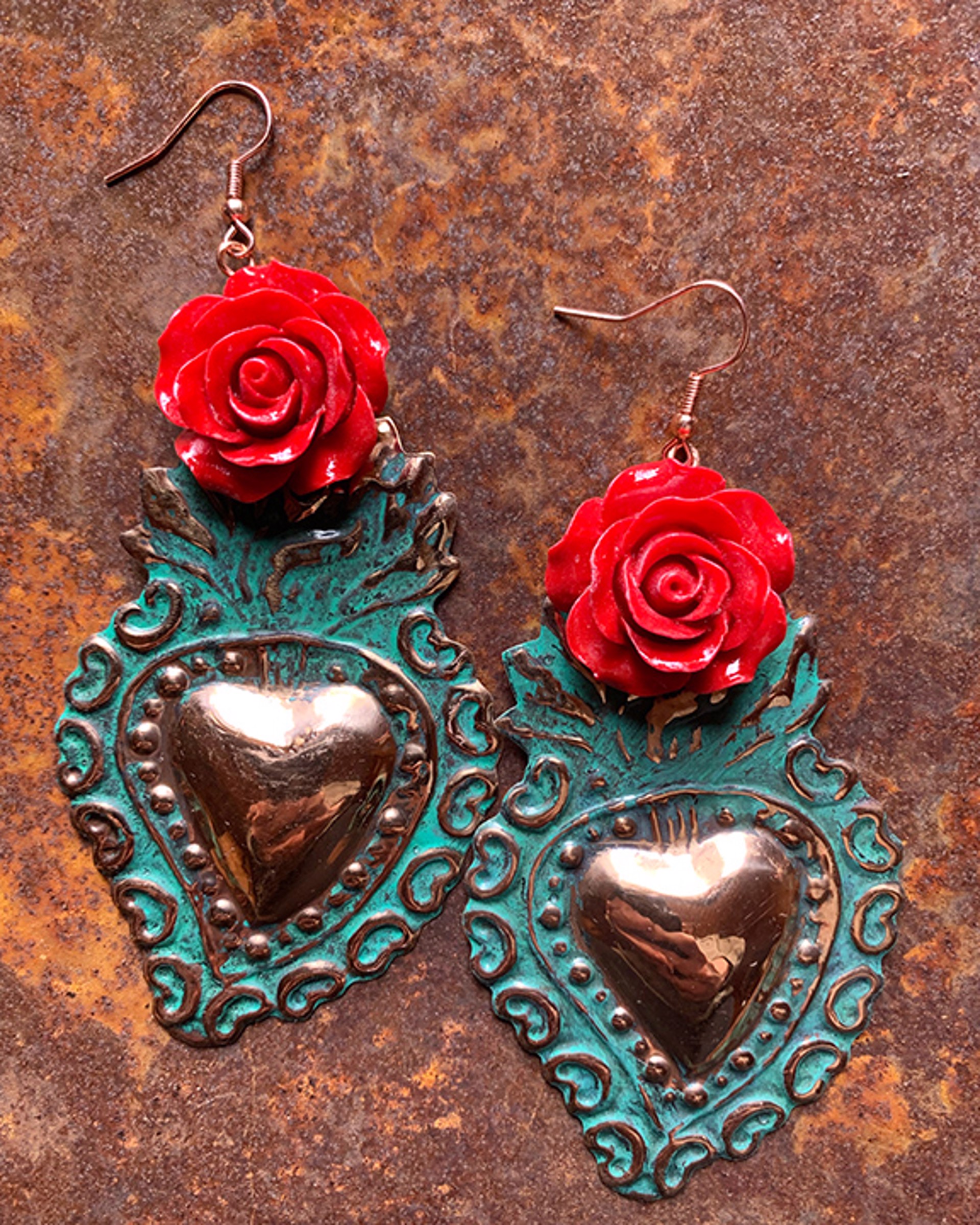 K719 XL Sacred Heart Earrings with Red Roses by Kelly Ormsby