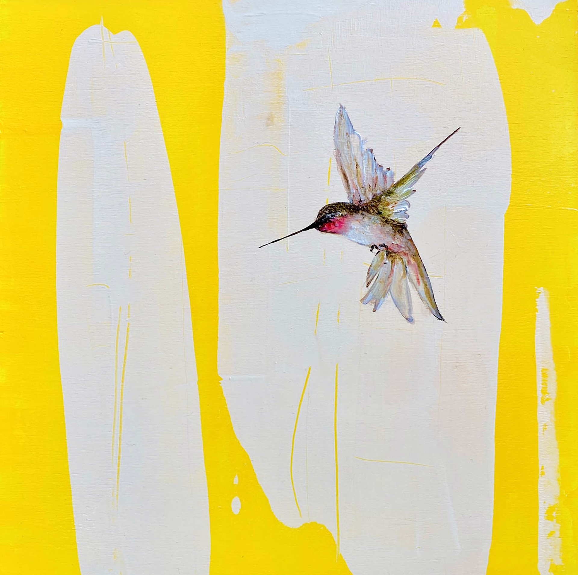 Original Mixed Media Painting By Jenna Von Benedikt Featuring a single Green Hummingbird On Abstract White And Bright Yellow Background