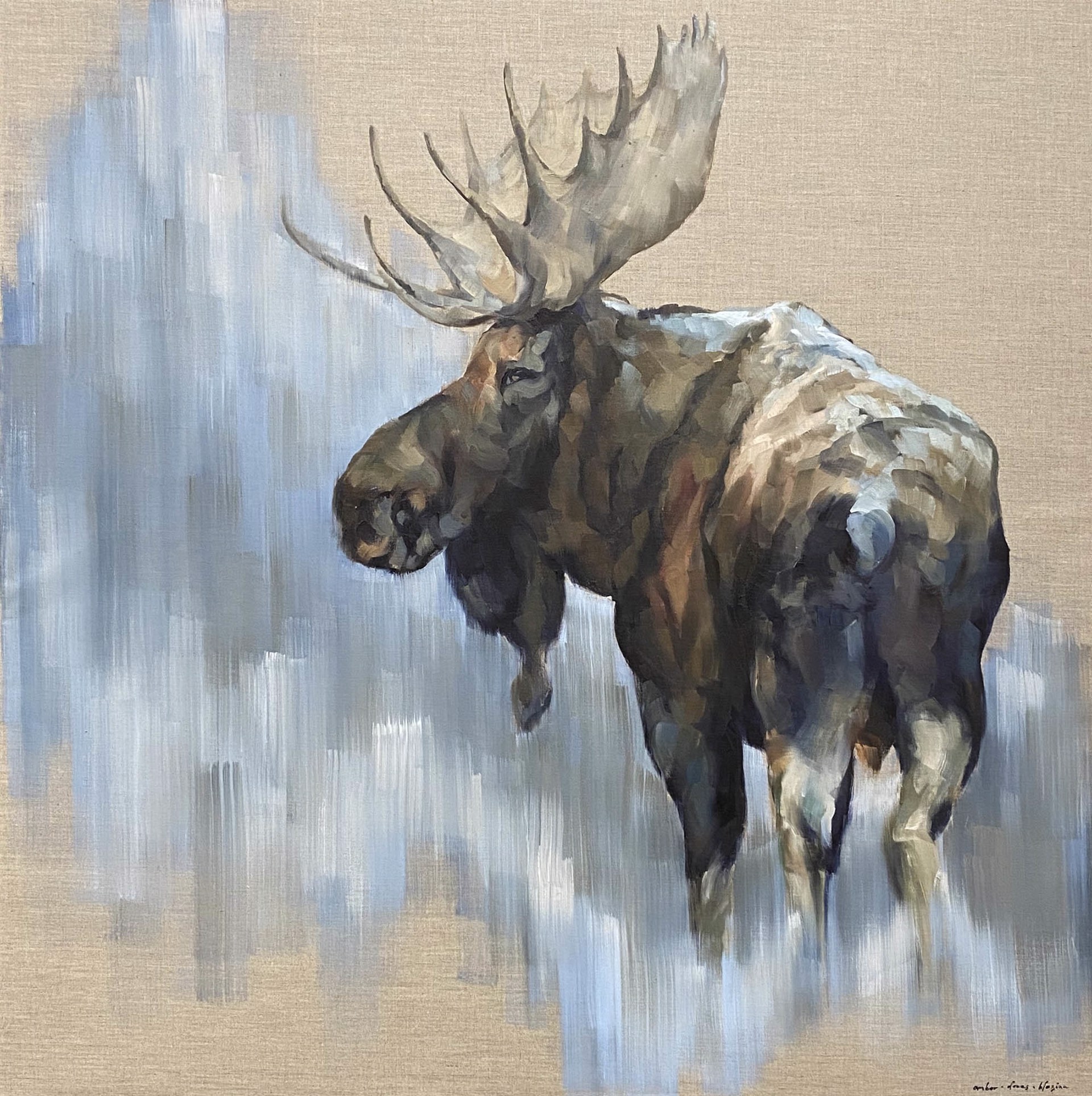 Amber Blazina Bull Moose Portrait In Oil On Linen, A Contemporary Fine Art Painting and Modern Wildlife Art Piece Available At Gallery Wild