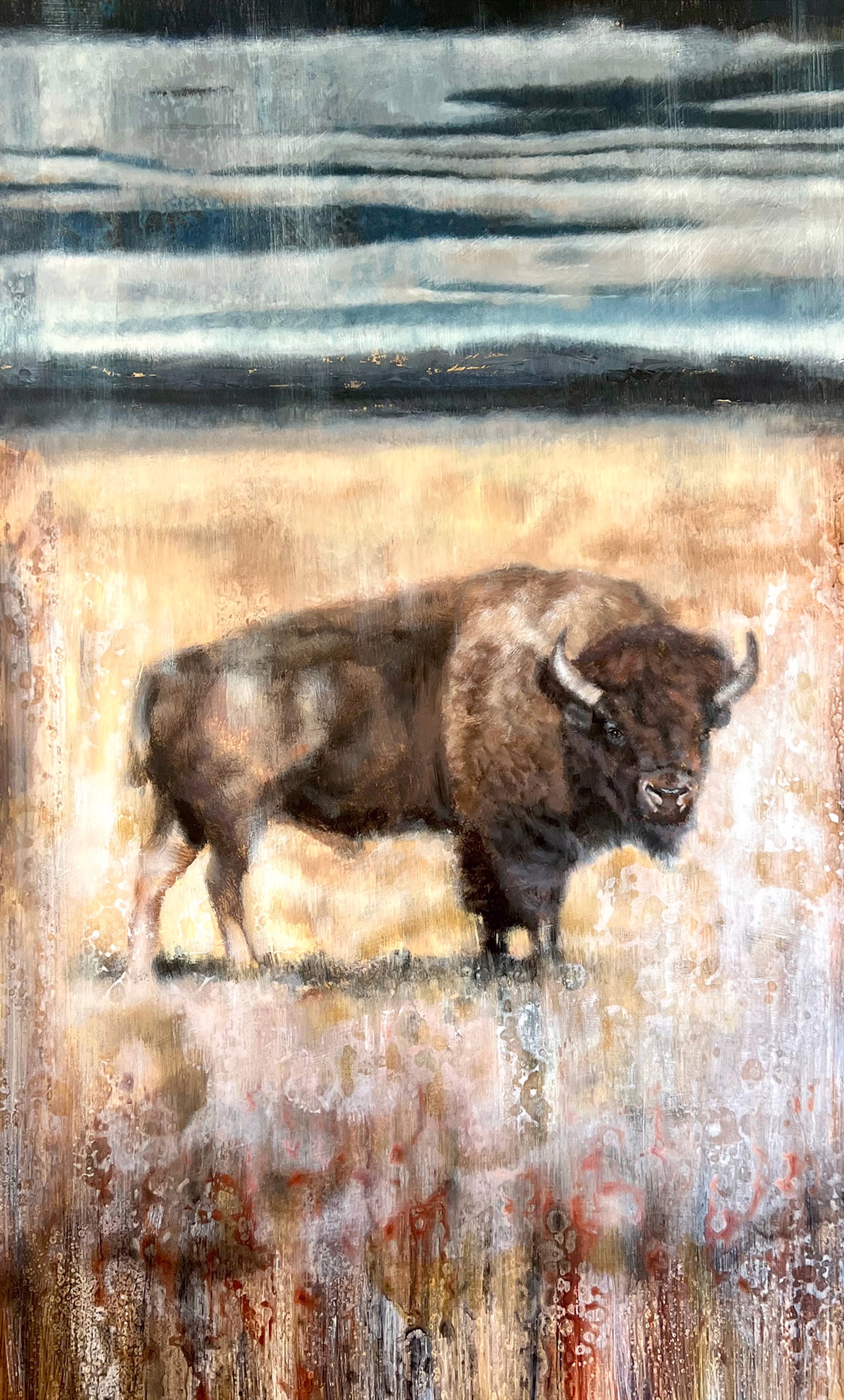 Original Oil Painting By Nealy Riley Of Bison In Field With An Abstract Background