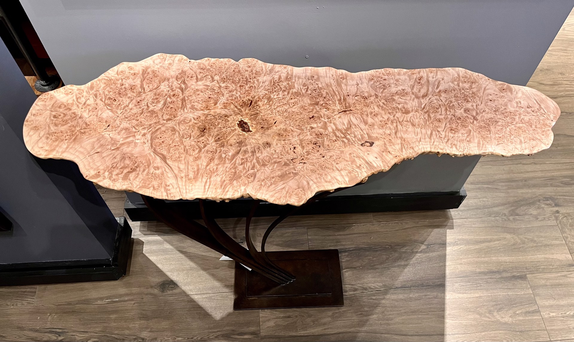 Big Leaf Maple Burl Console on Sea Oats Steel Base 040523A by Ron Gill