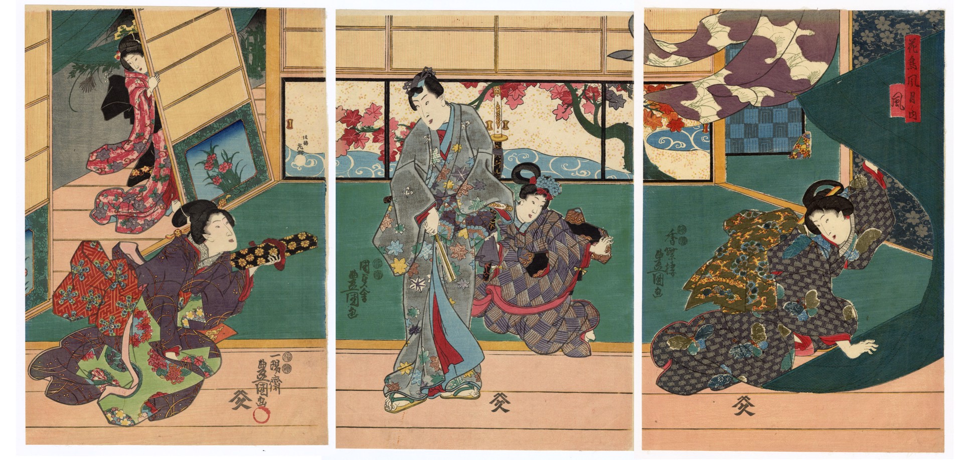 Wind Flowers and Birds, Wind and Moon by Kunisada