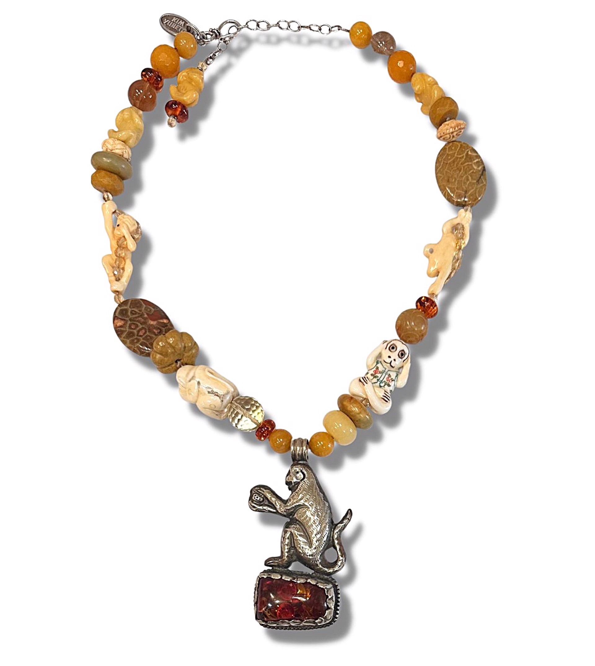 Necklace - Single Strand Tibetian Silver Monkey with Yellows, Brown, Jade, & Amber #6 by Kim Yubeta