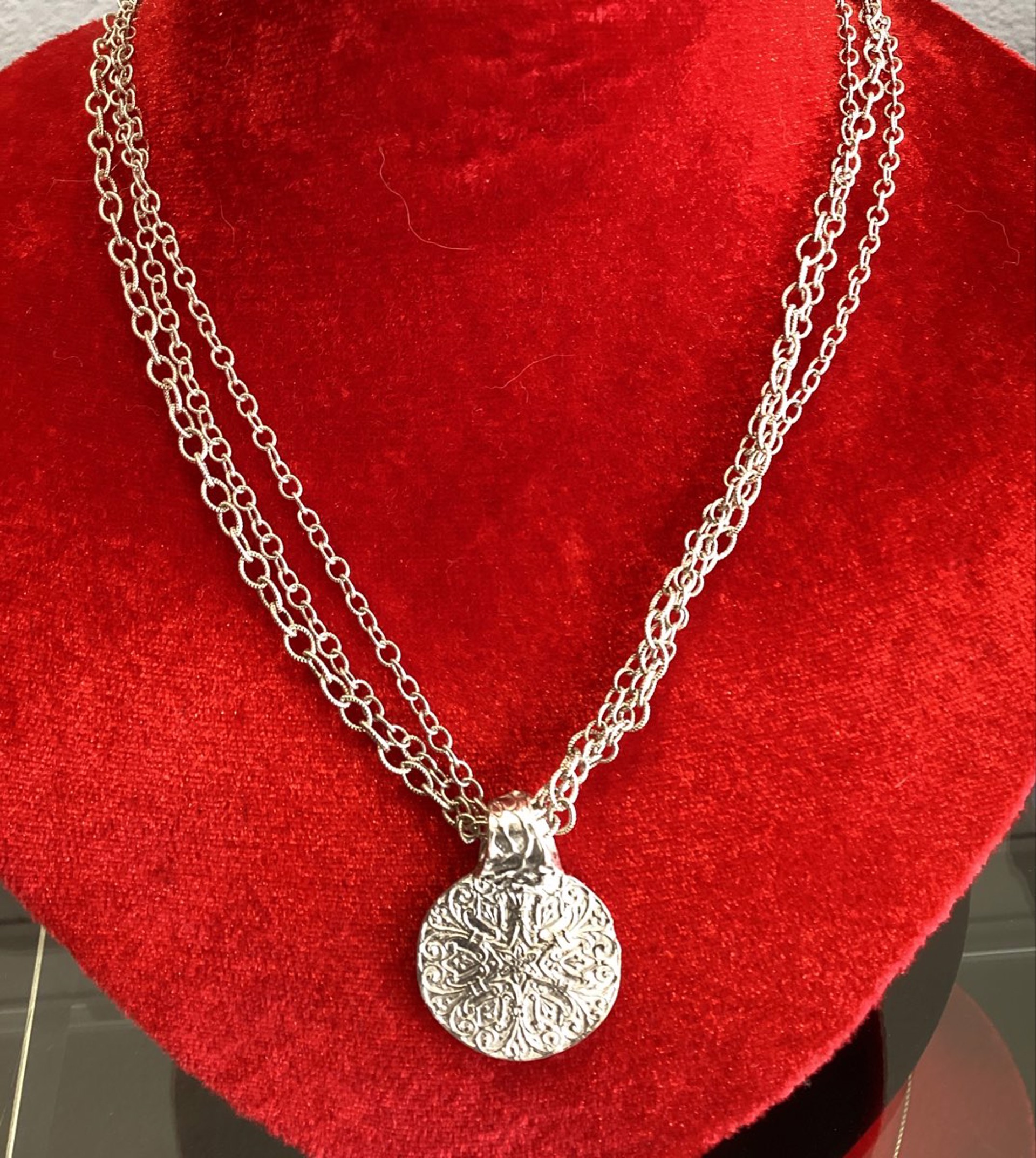 Pure Silver Round Star Pendant And Bail W/Three 22in Diamond Cut Chains And Heart-Shaped Lobster Claw Clasp by Mauzey