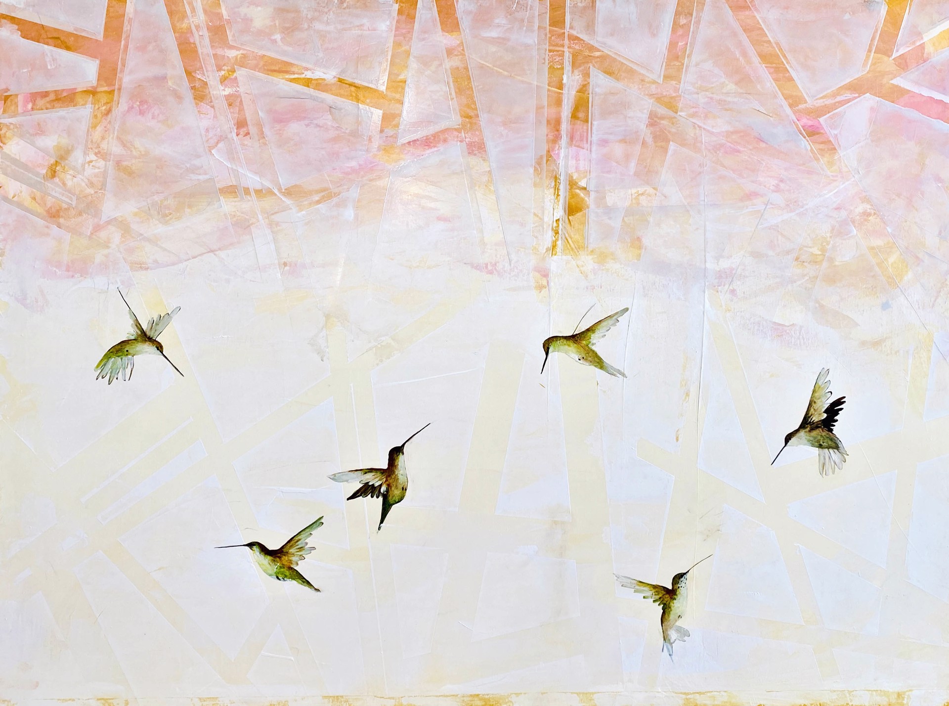 Original Oil Painting Featuring A Flurry Of Hummingbirds Over Abstract Background In Peachy Tones