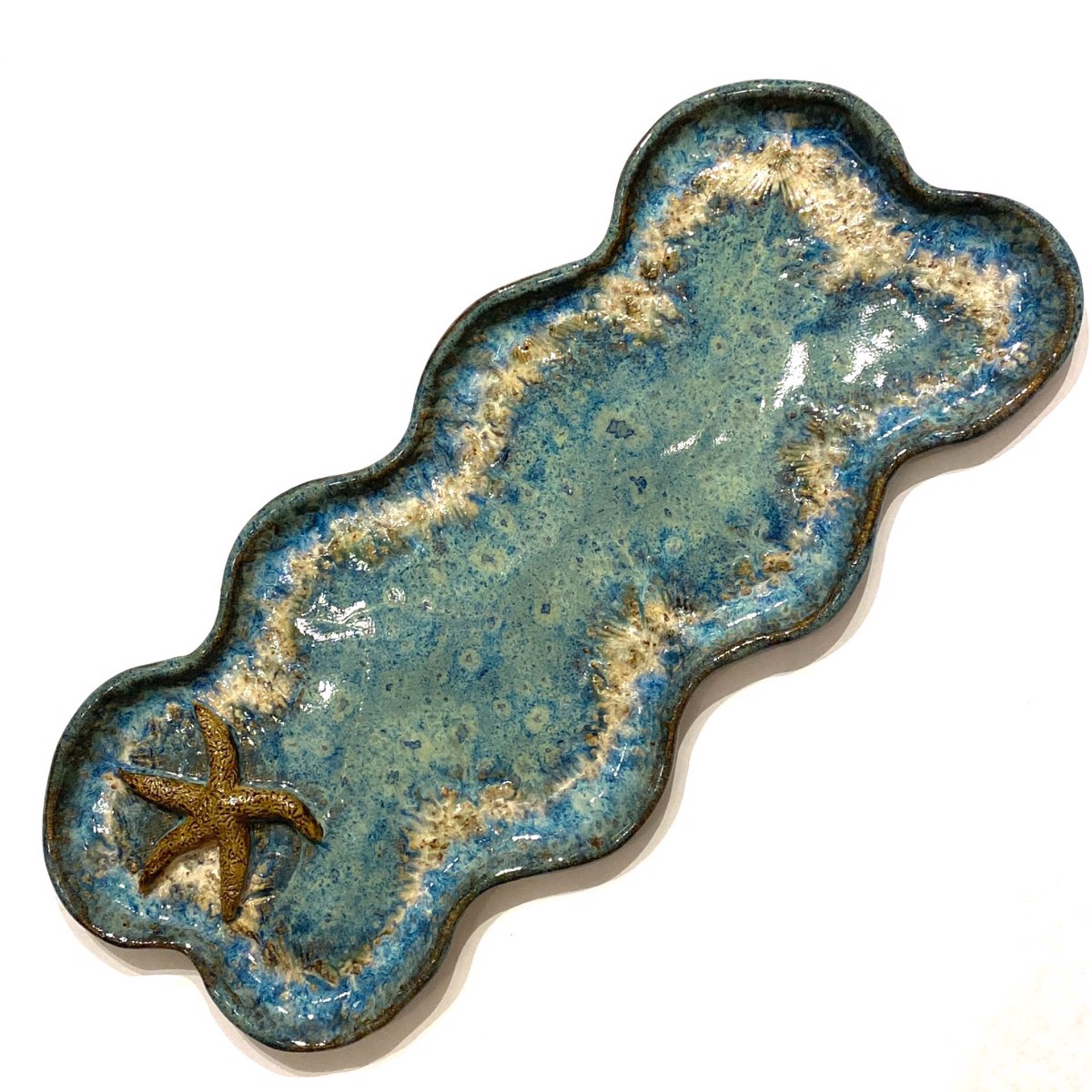 LG23-1013  Long Tray with Starfish (Blue Glaze) by Jim & Steffi Logan