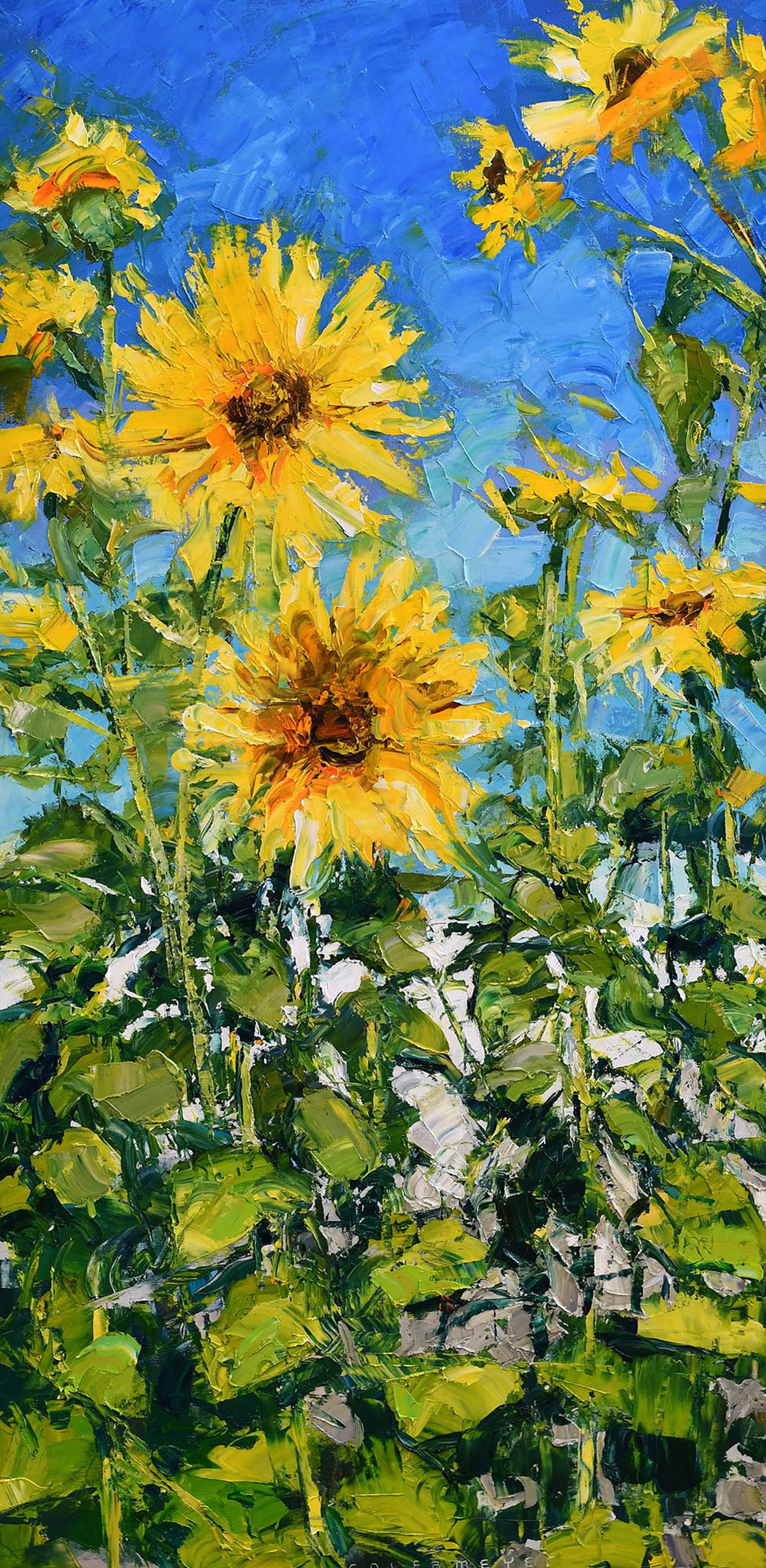 Original Oil Painting Featuring A Field Of Sunflowers Against Blue Sky