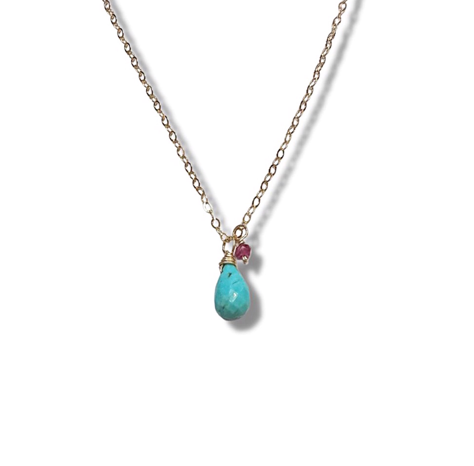 Necklace - 14K Gold Filled Ruby and Sleeping Beauty Turquoise Drop by Julia Balestracci
