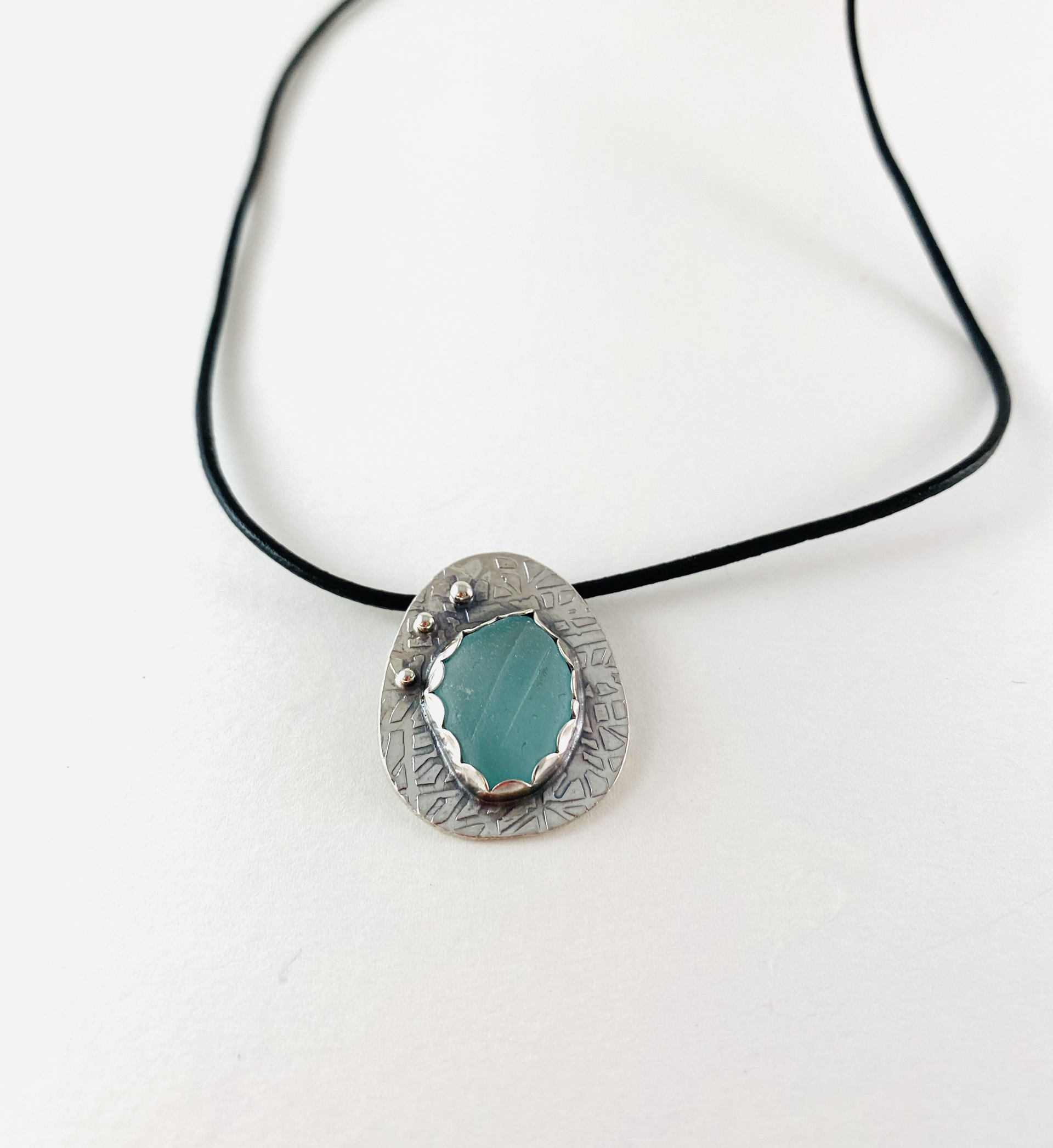 Silver and Sea Glass Pendant on leather cord by Anne Bivens